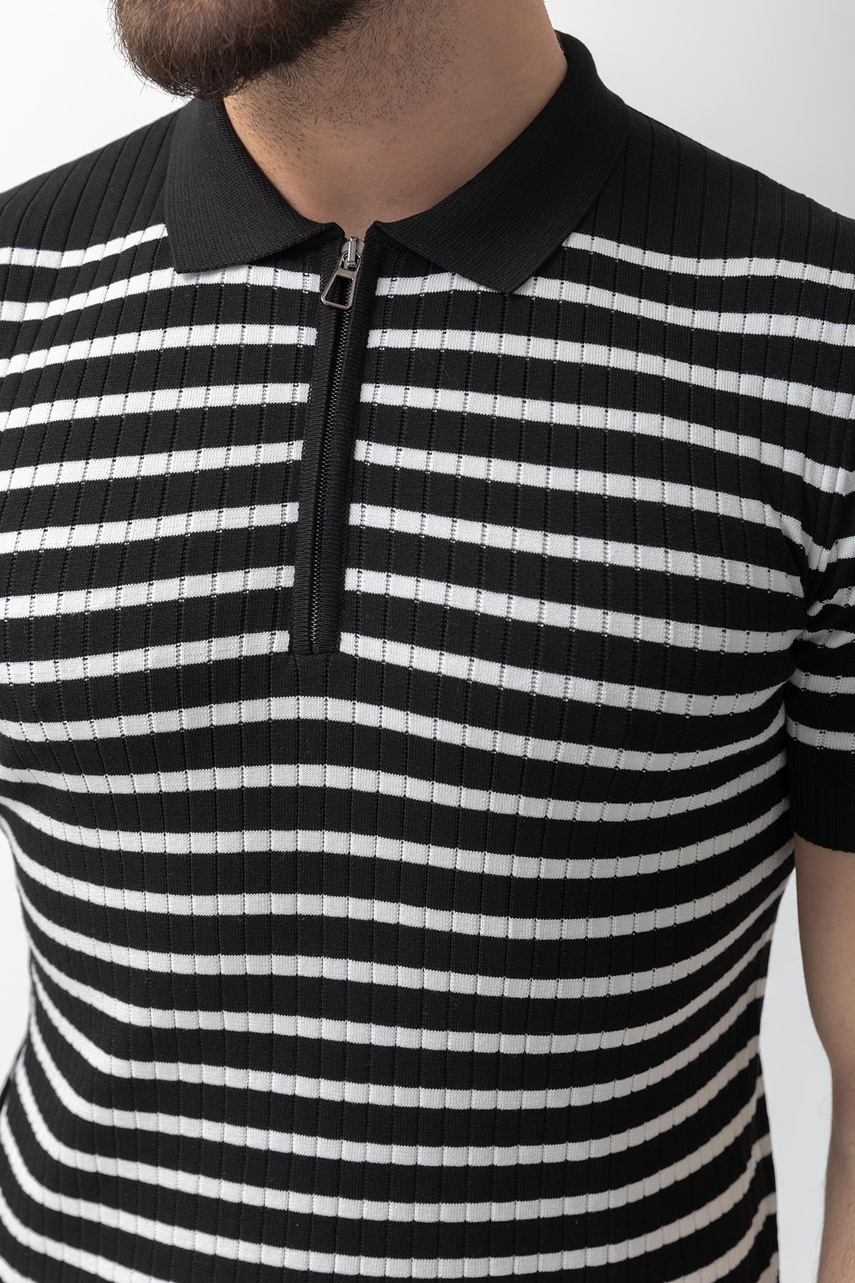 Yatay Cizgili Slim Fit Fermuarlı Polo Yaka Kısa Kollu Erkek Triko
