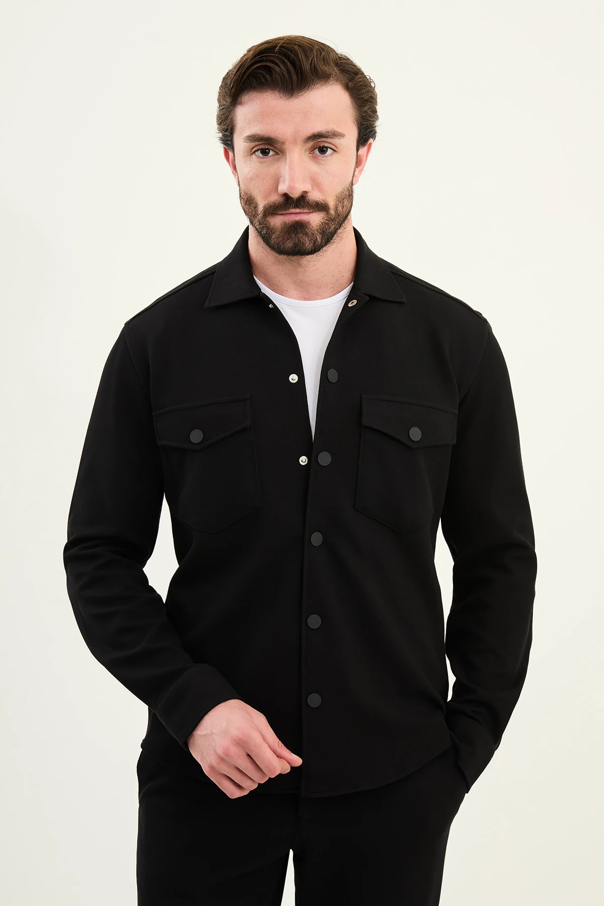 Çizgli Slim Fit Gömlek Yaka Çıtçıtlı Mont İpli Pantolon Takım