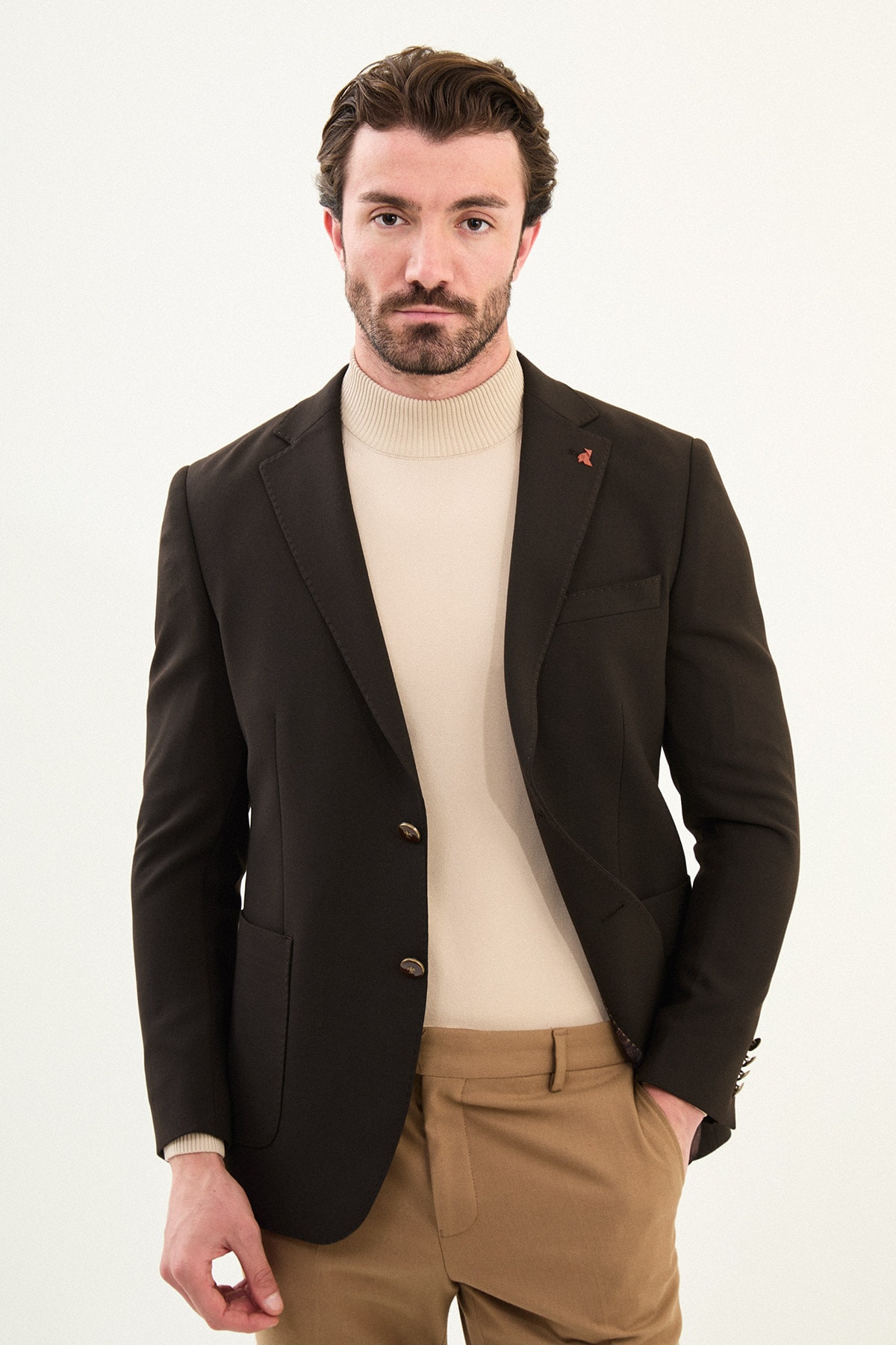 Düz Slim Fit Mono Yaka Torba Cepli Metal Düğmeli Erkek Ceket - Kahverengi