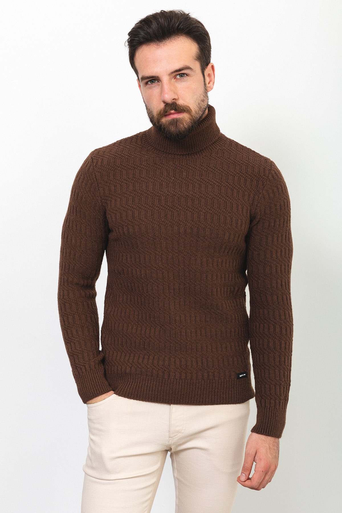 Örgü Desenli Slim Fit Tam Balıkçı Yaka Yün Erkek Kazak