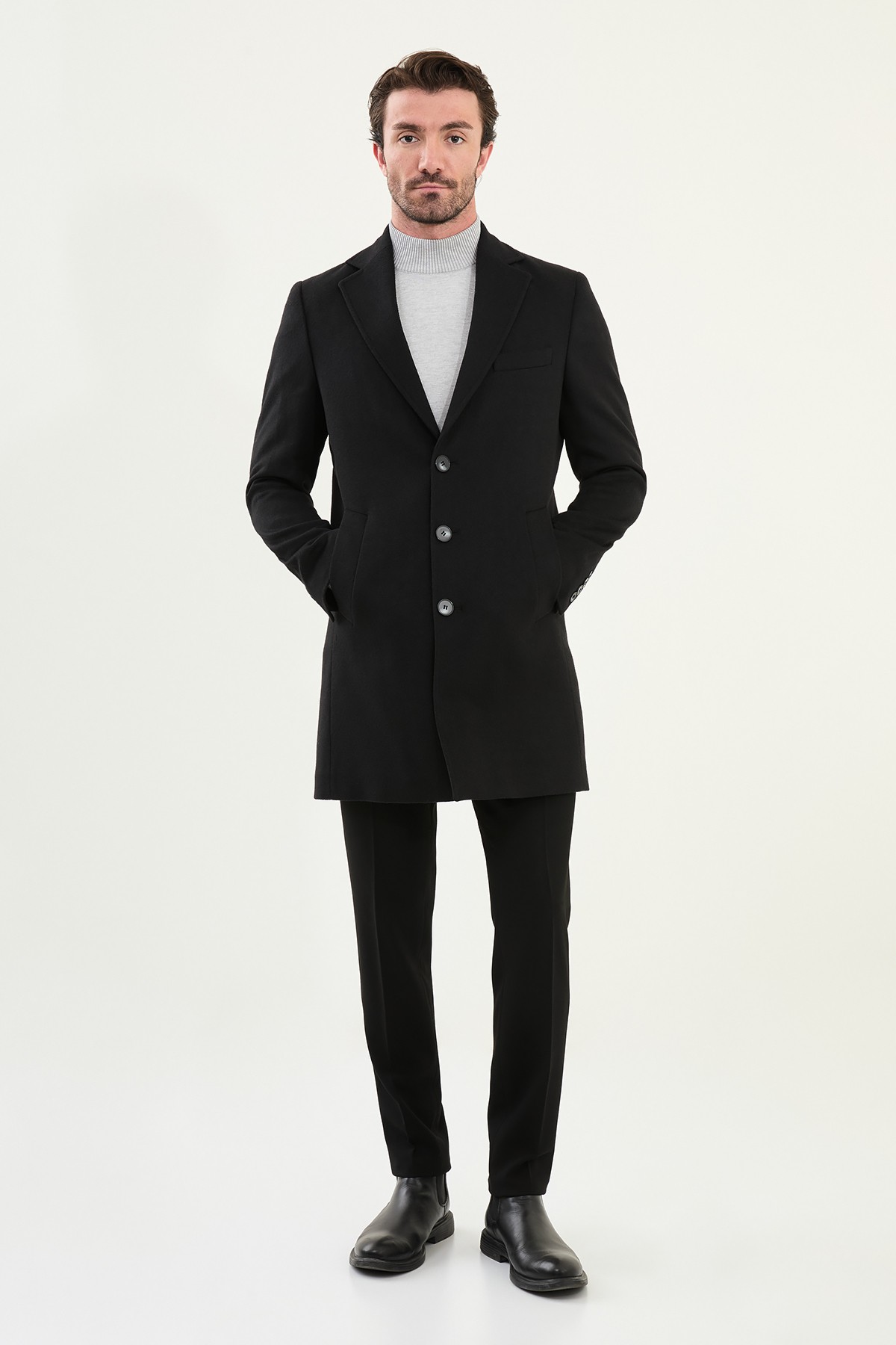 Düz Slim Fit Mono Yaka Klasik Yün Erkek Kaban