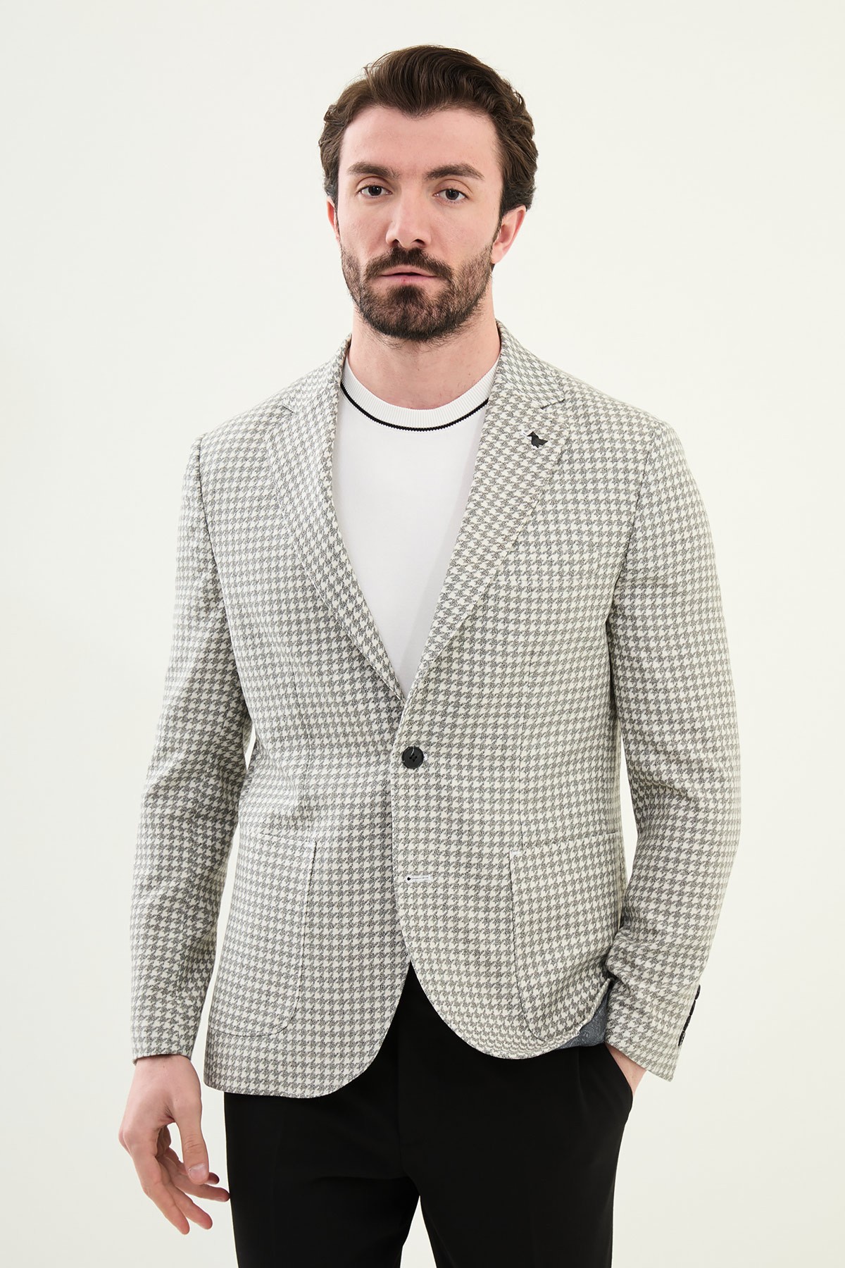 Kazayagı Desenli Slim Fit Torba Cep %100 Keten Erkek Ceket