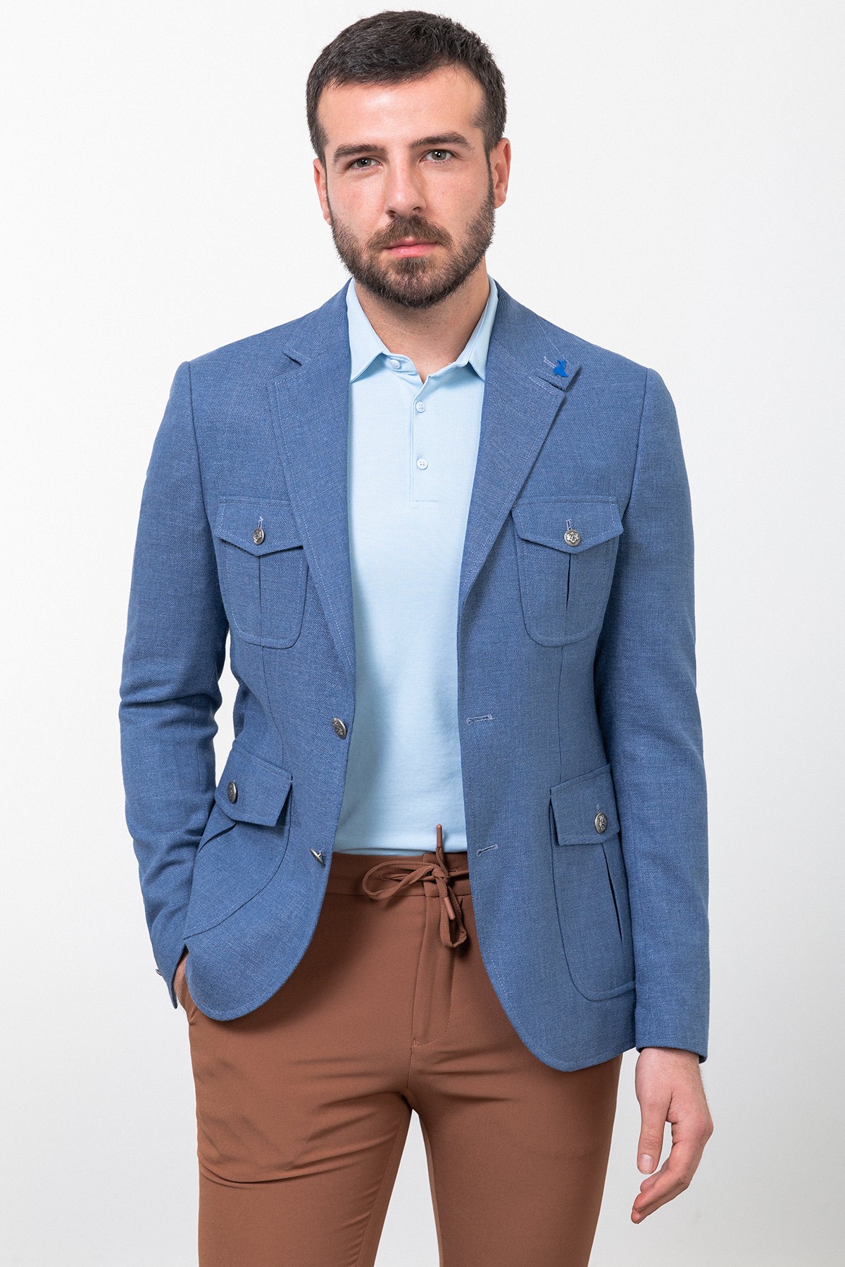 Kırçıllı Slim Fit Torba Cep Mono Yaka Keten Erkek Ceket