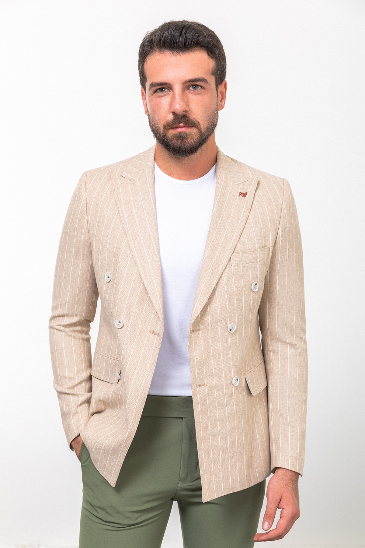 Çizgili Slim Fit Geniş Yaka Kruvaze Keten Erkek Ceket