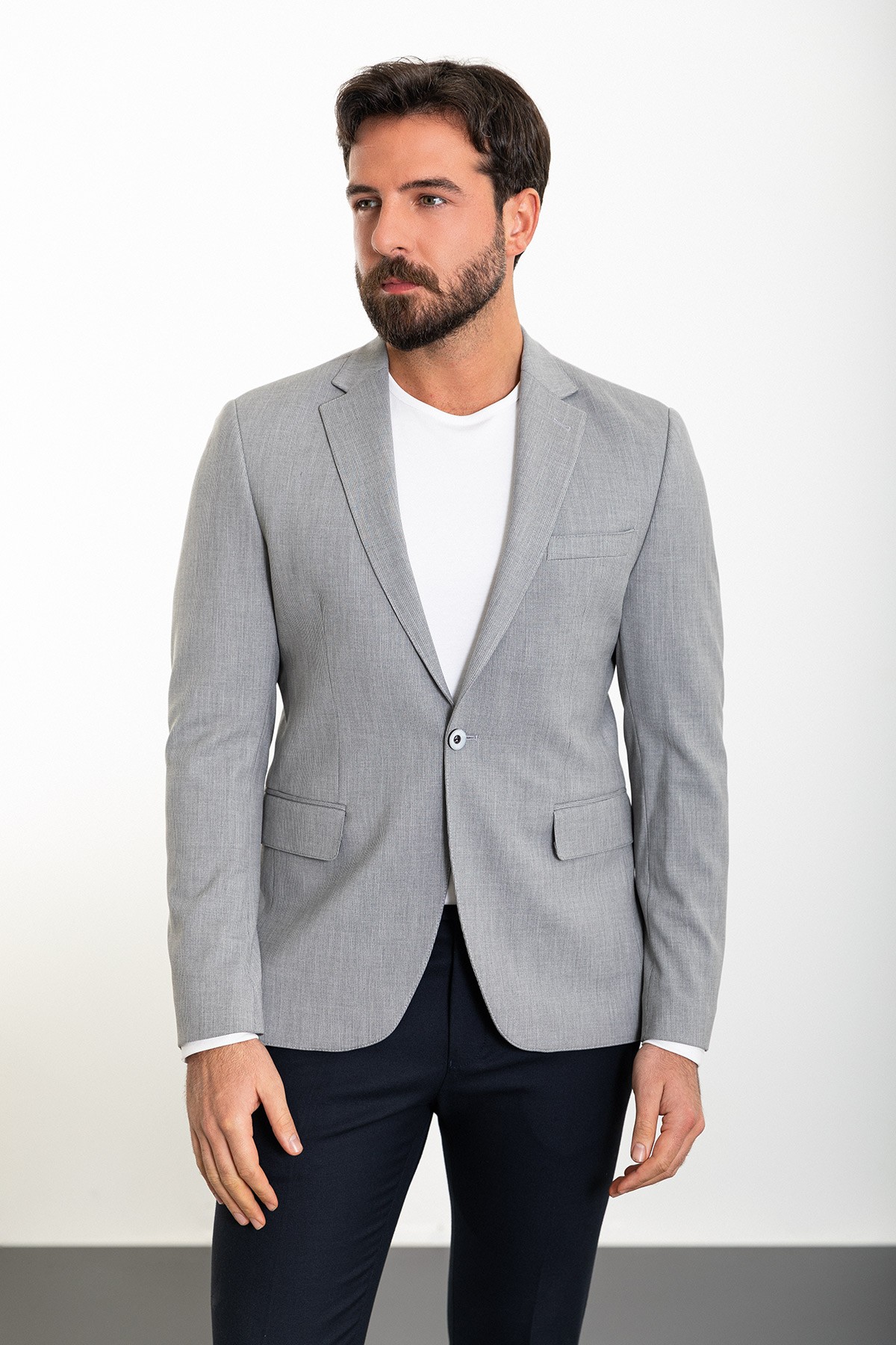 Çizgili Slim Fit Mono Yaka Erkek Ceket - Gri