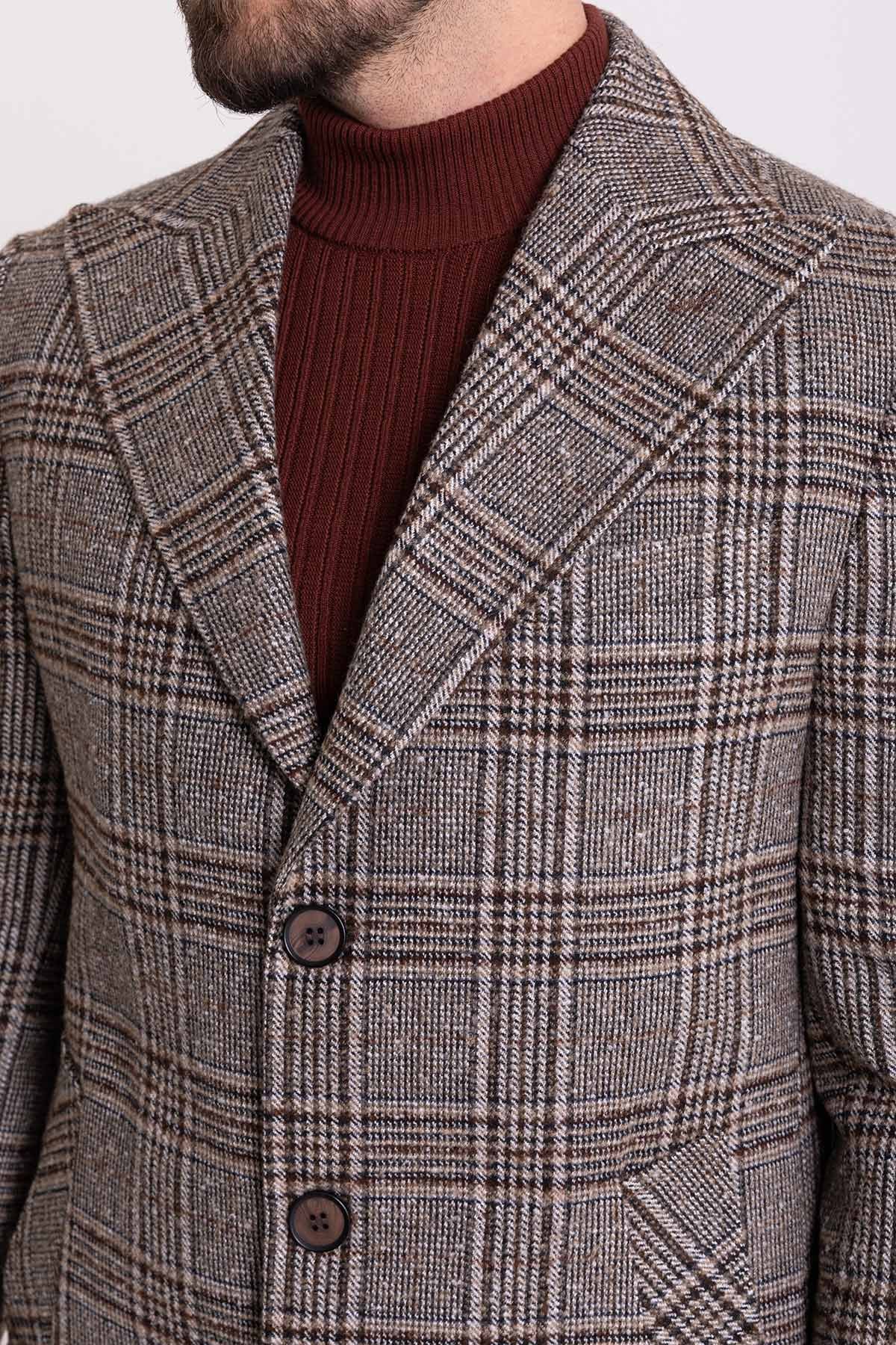 Ekoseli Slim Fit Kırlangıç Yaka Yün Erkek Kaban
