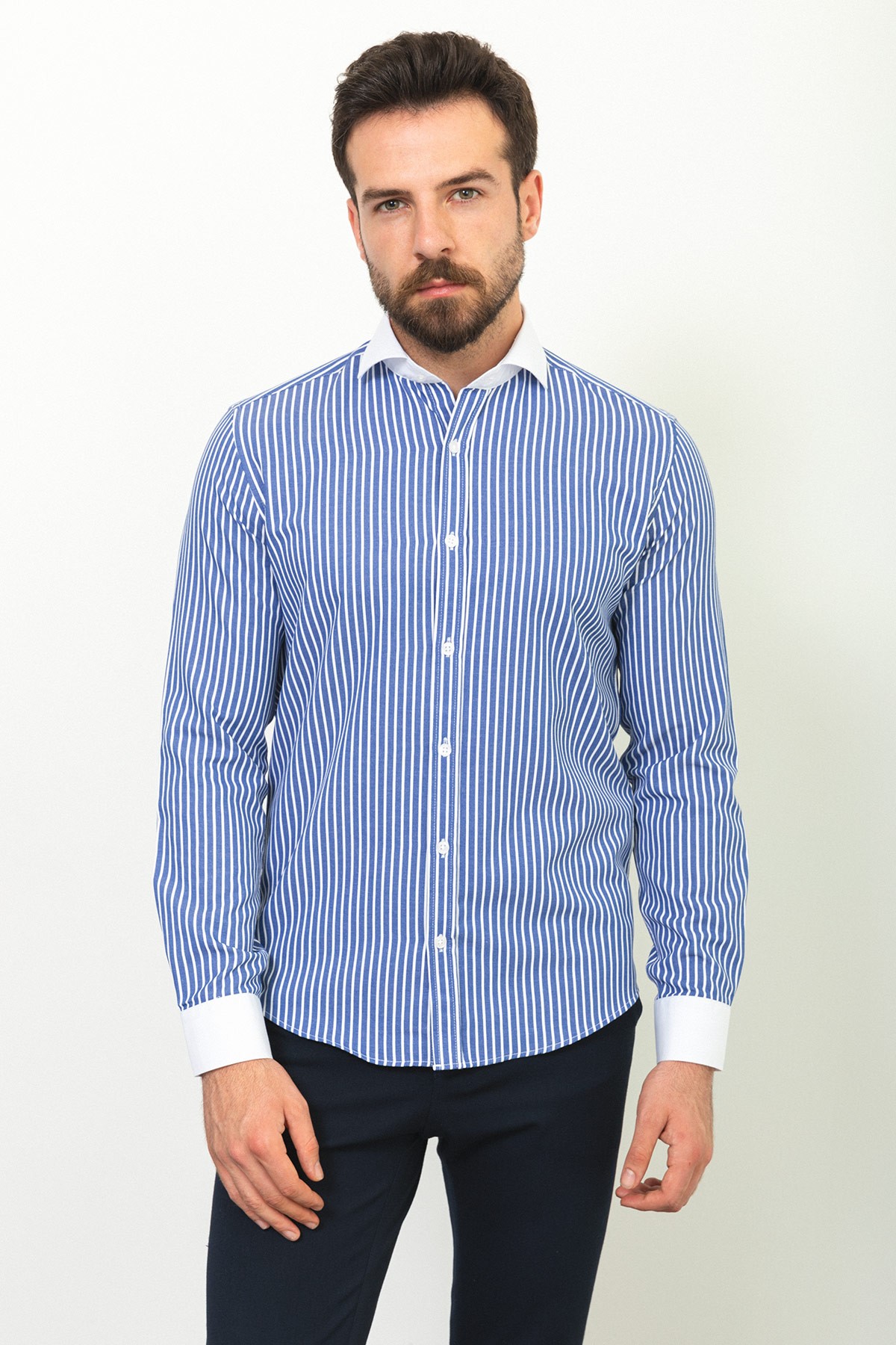 Çizgili Slim Fit İtalyan Yaka Erkek Gömlek