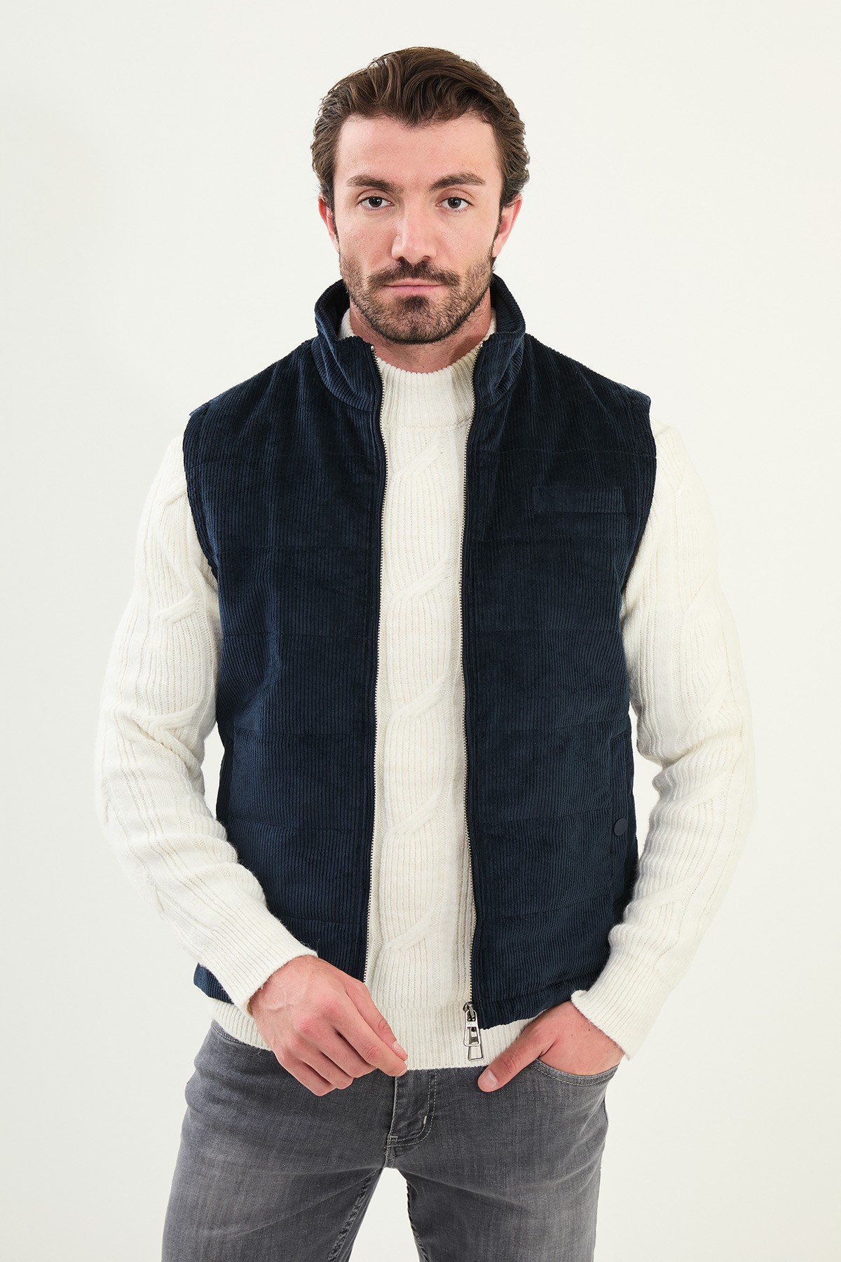 Düz Slim Fit Dik Yaka Kadife Erkek Yelek - Lacivert
