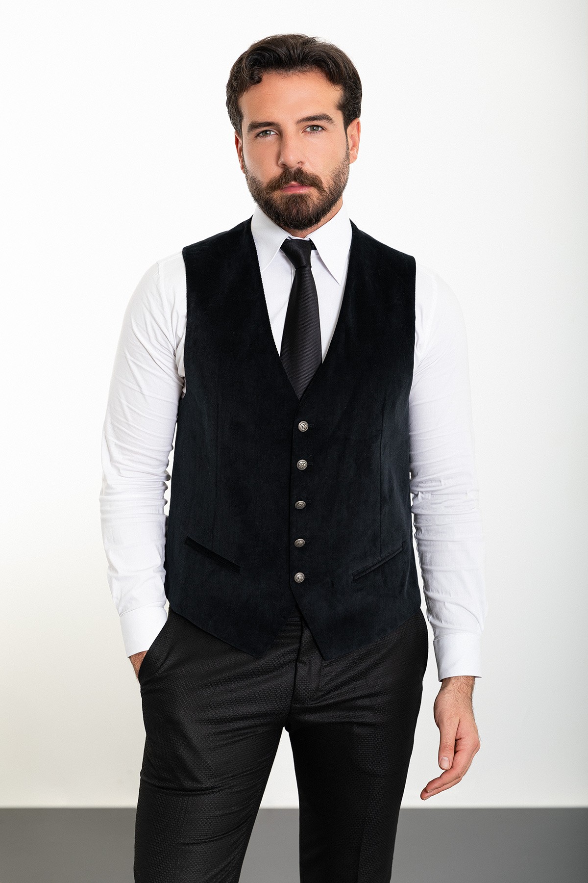 Düz Slim Fit Metal Düğmeli Klasik Kadife Erkek Yelek