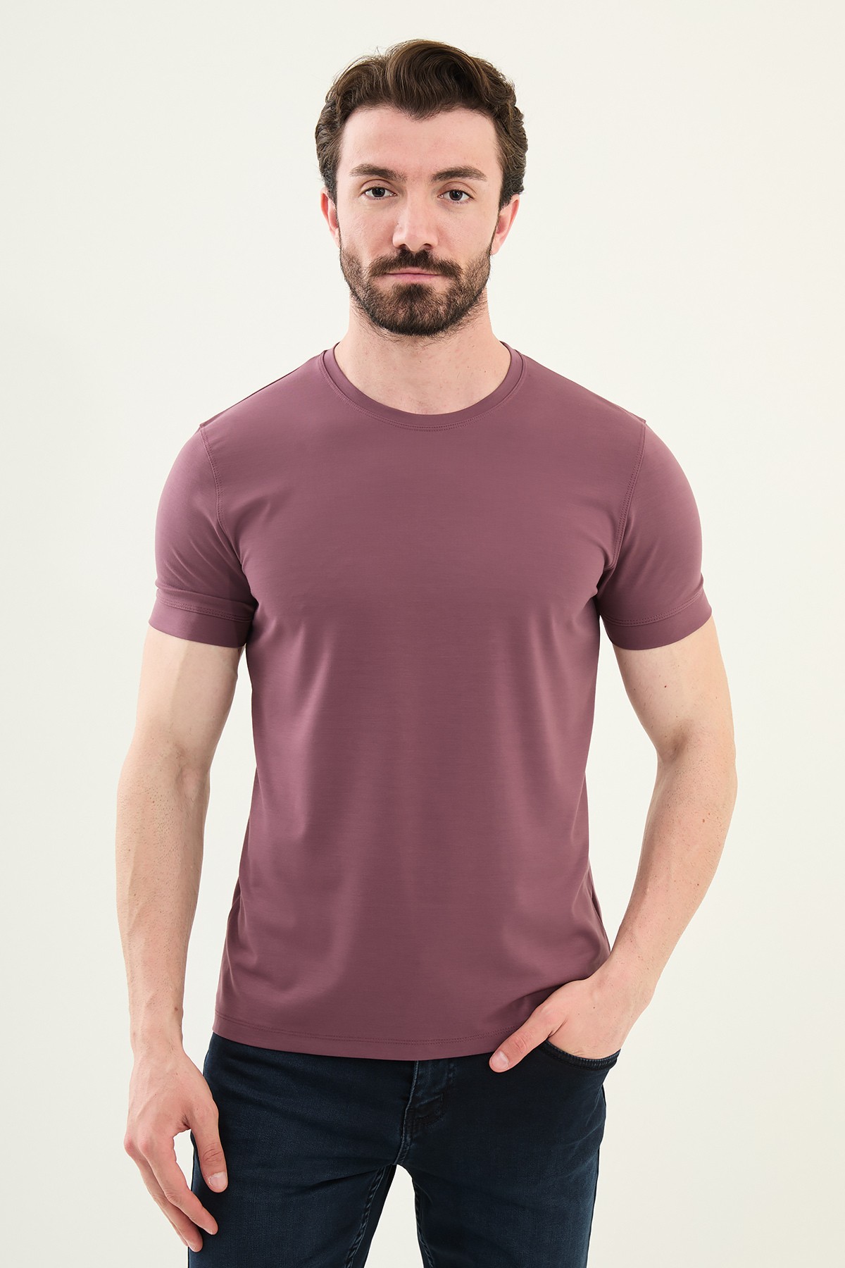 Düz Slim Fit Bisiklet Yaka Basic Erkek T-Shirt - Koyu Mor