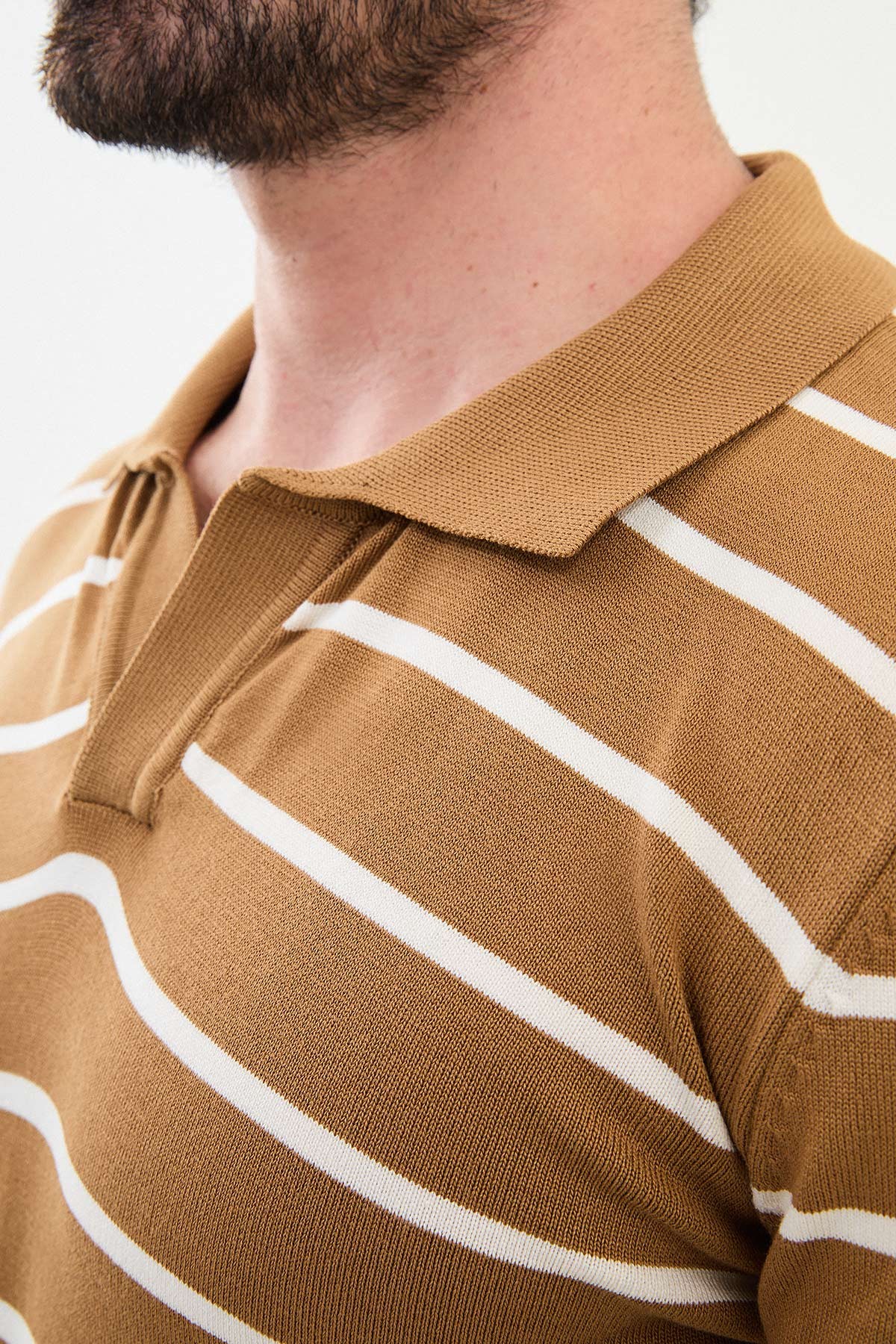 Yatay Çizgili Slim Fit Polo Yaka Erkek Triko Kazak