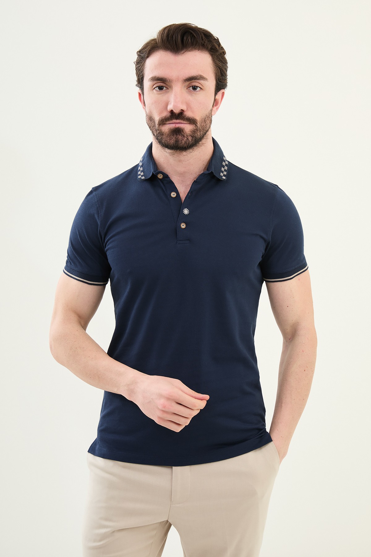 Düz Slim Fit Polo Yaka Pamuk Erkek T-Shirt - Lacivert