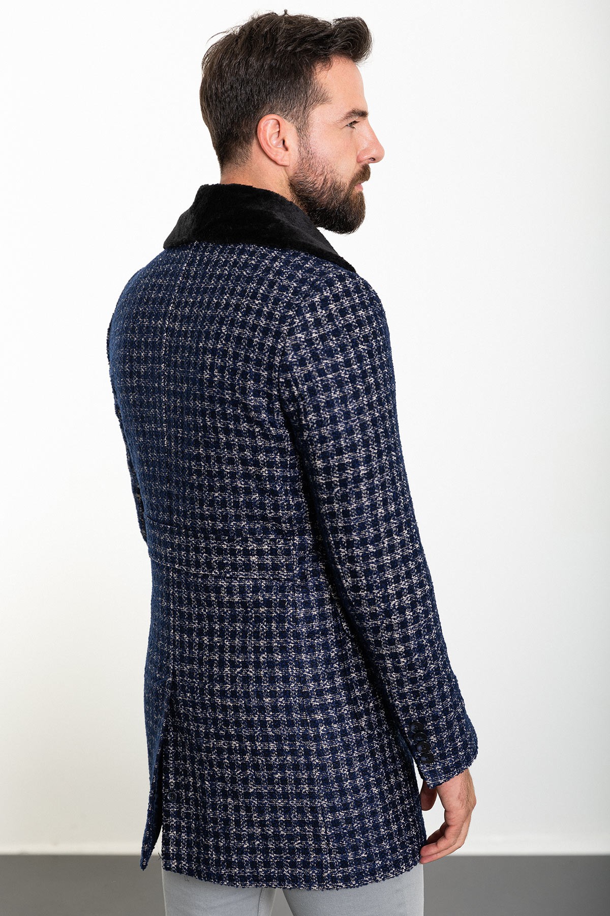 Kareli Slim Fit Kürklü Yaka Erkek Kaşe Kaban