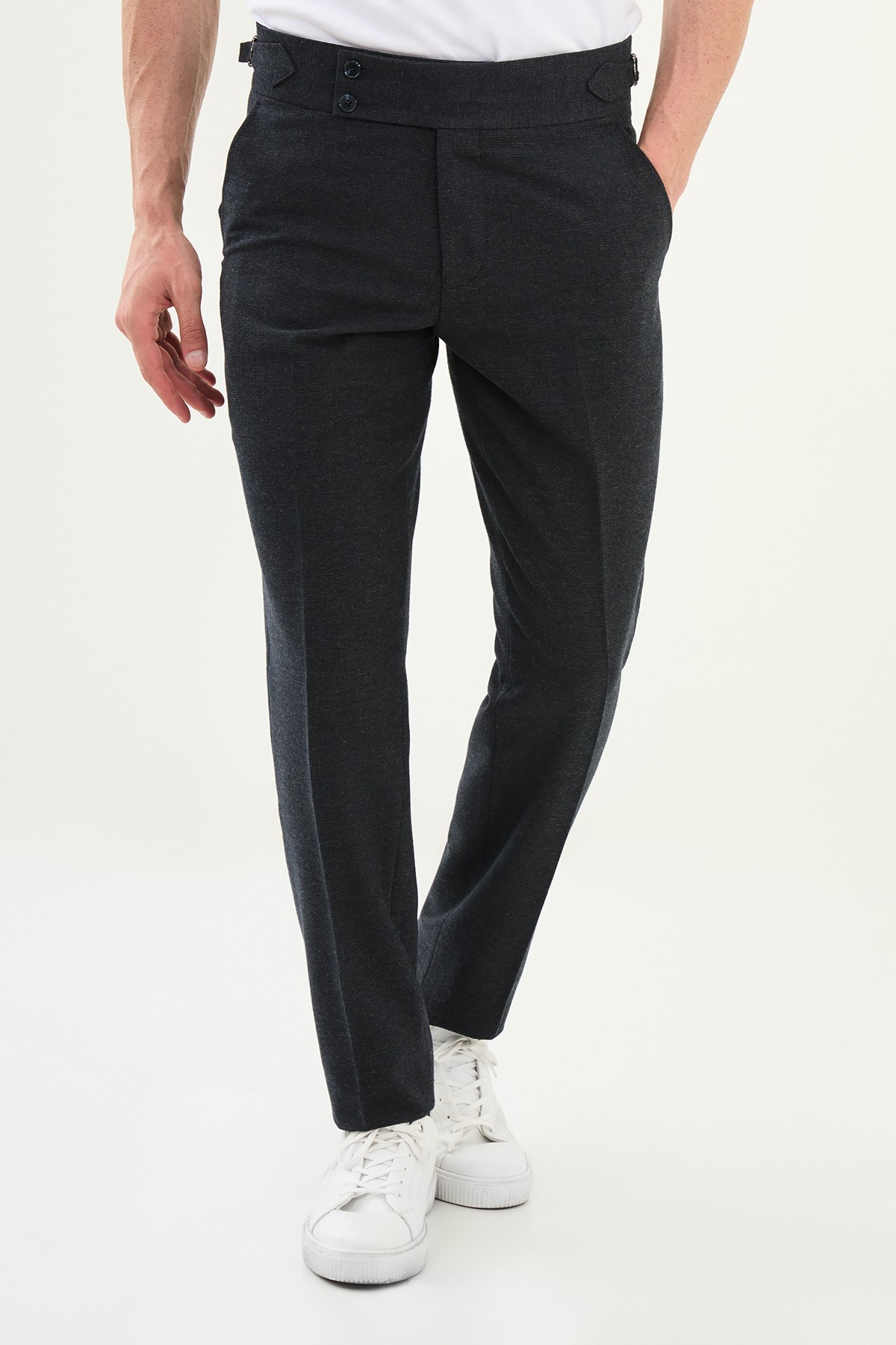 Kareli Slim Fit Beli Tokalı Yün Erkek Pantolon - Lacivert