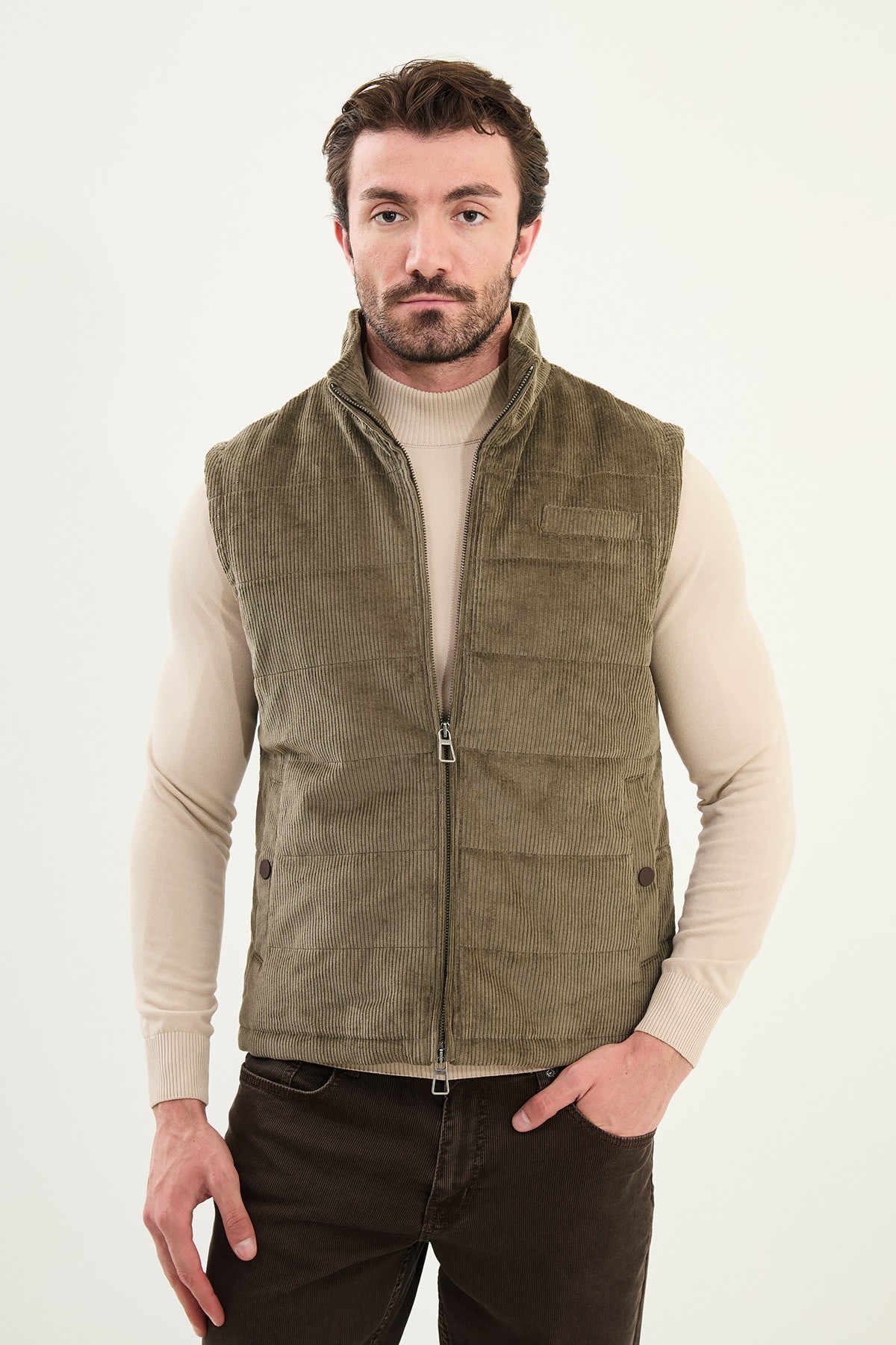 Düz Slim Fit Dik Yaka Kadife Erkek Yelek - Yeşil