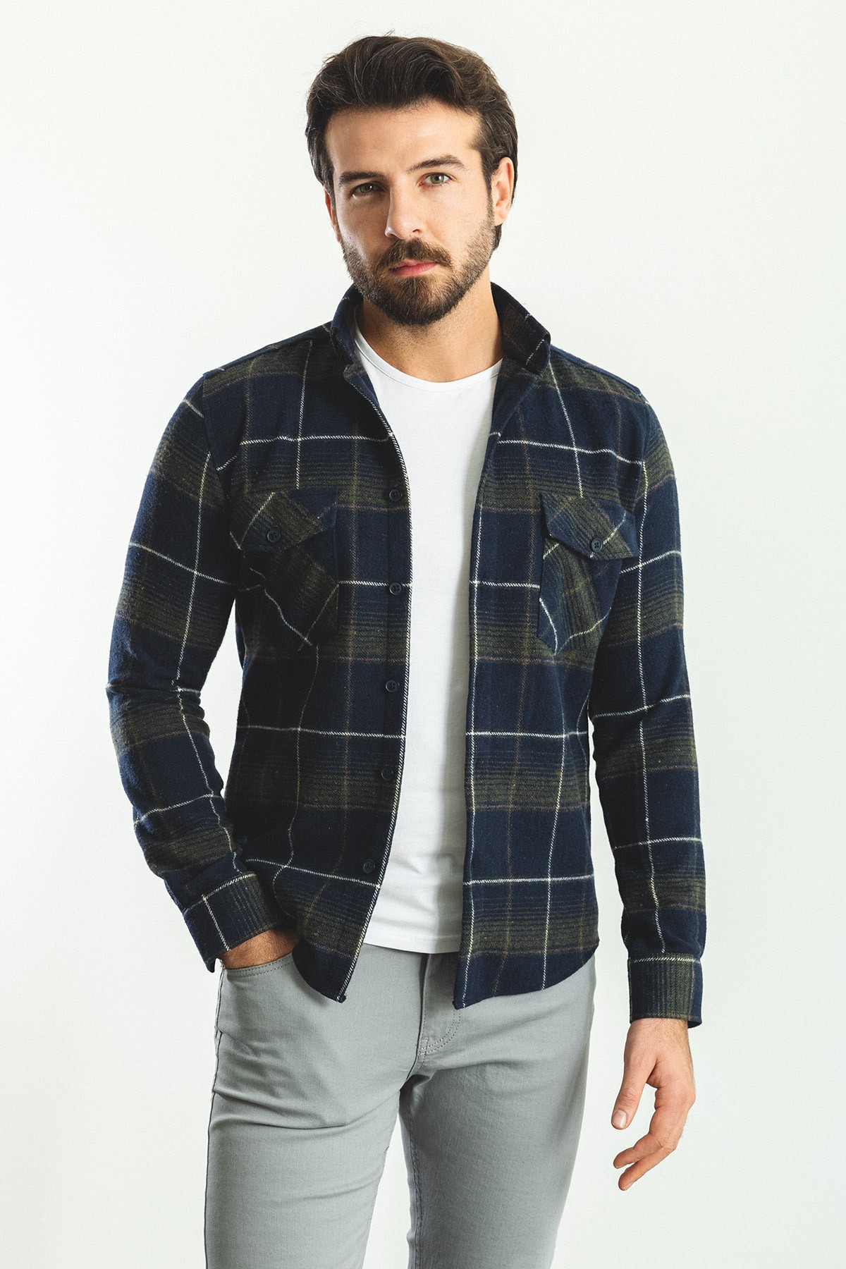 Ekoseli Slim Fit Oduncu Erkek Gömlek - Lacivert-Haki