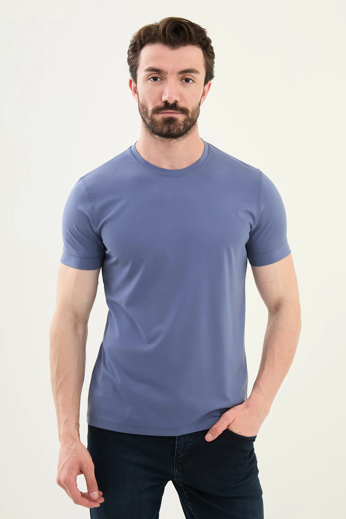 Düz Slim Fit Bisiklet Yaka Basic Erkek T-Shirt - İndigo