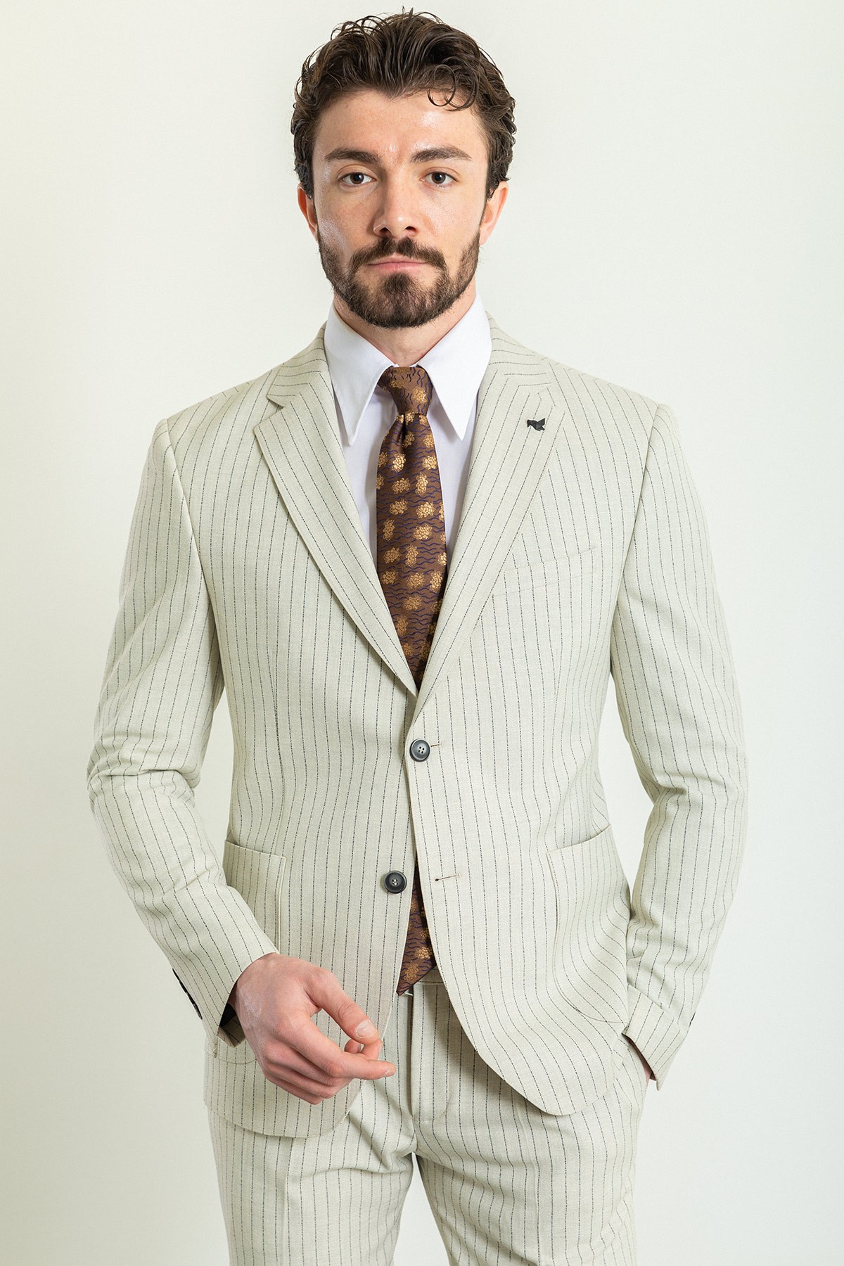 Çizgili Slim Fit Geniş Yaka Keten Erkek Takım Elbise