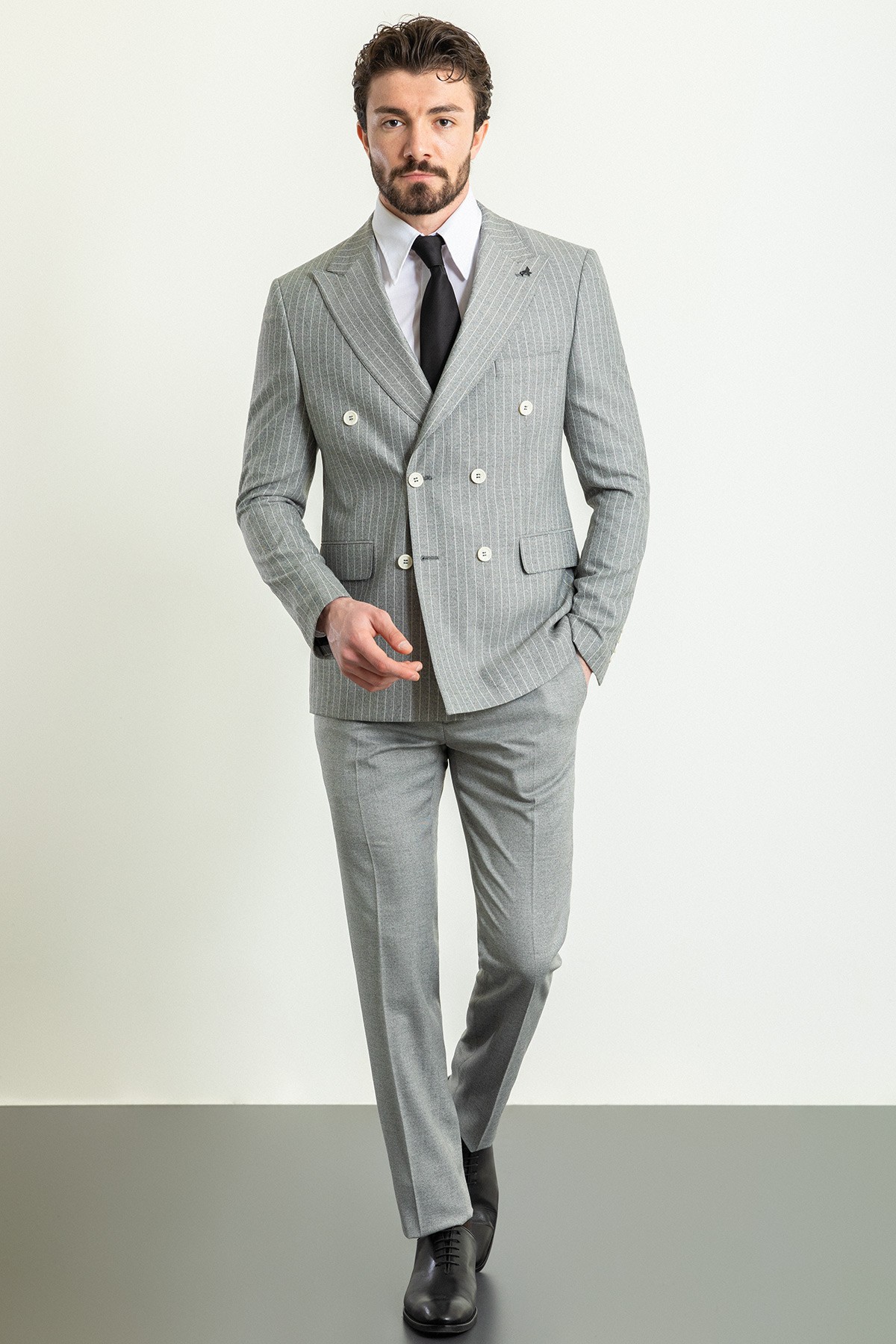 Cizgili Slim Fit Geniş Yaka Kruvaze Keten Erkek Takım Elbise
