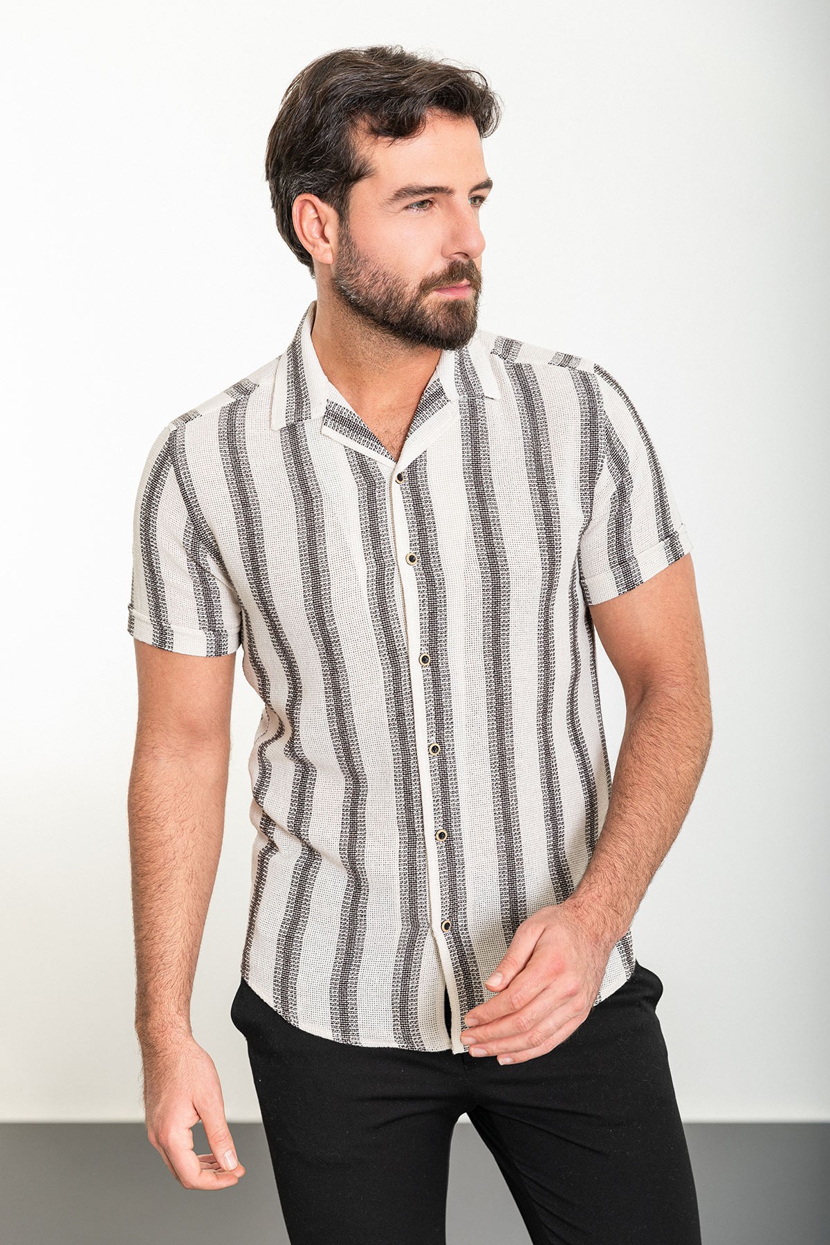 Çizgili Slim Fit Apaç Yaka Kısa Kollu Erkek Gömlek