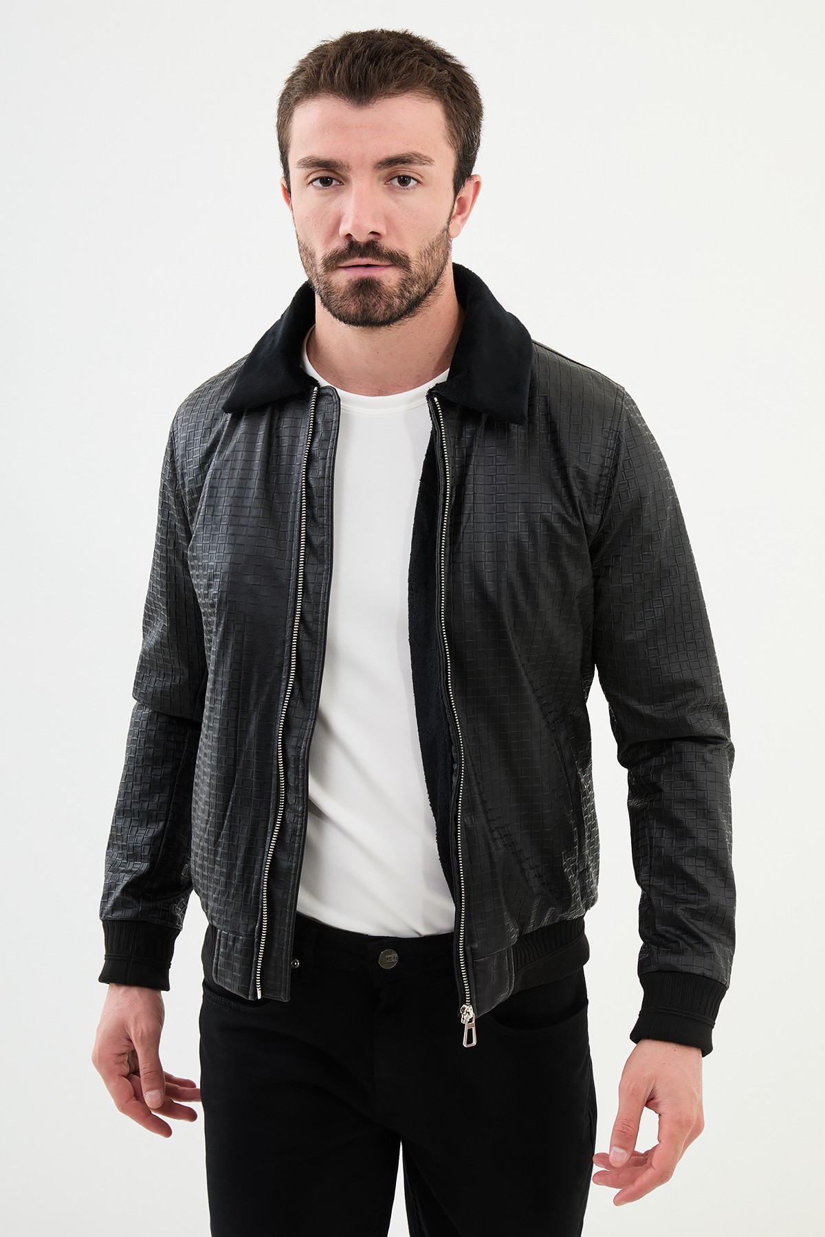 Desenli Slim Fit Kürklü Yaka Suni Deri Erkek Mont