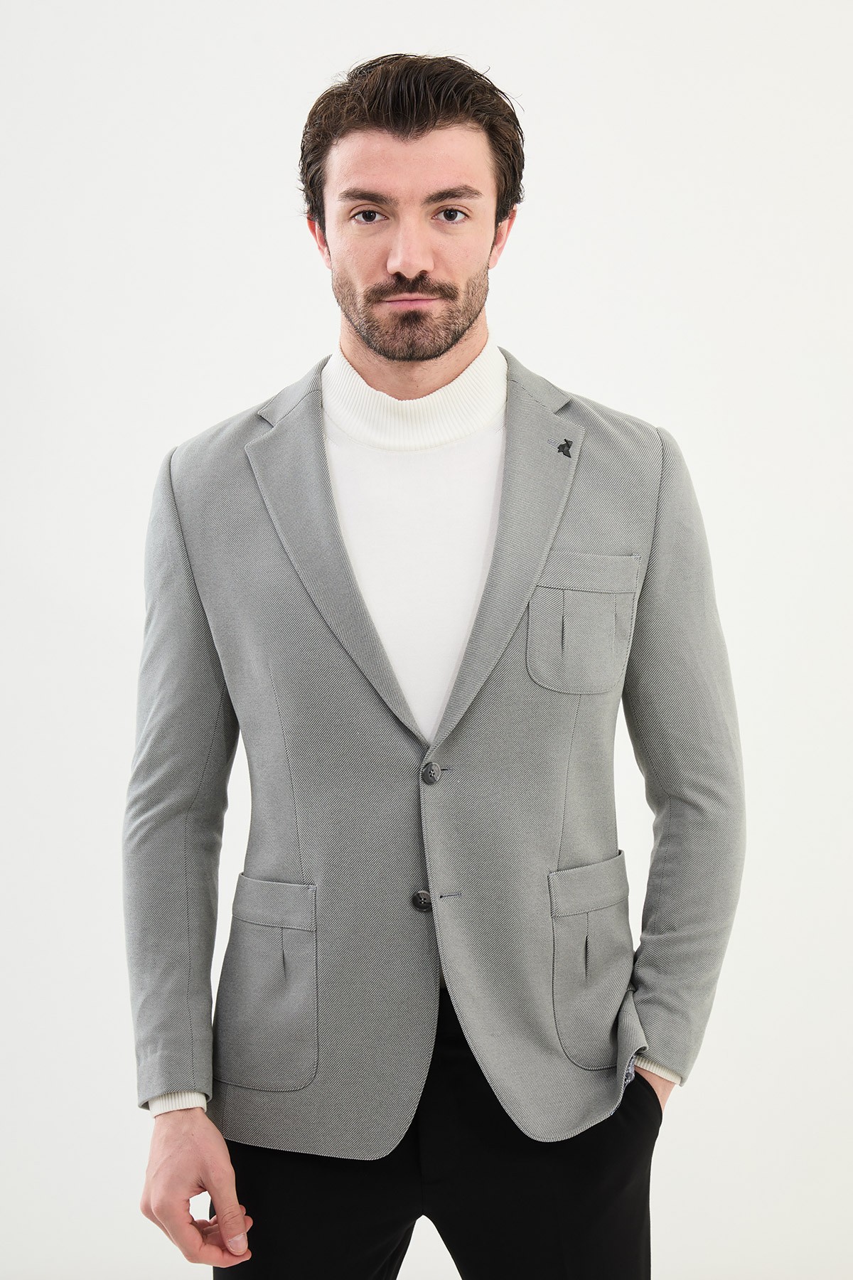 Düz Slim Fit Mono Yaka Torba Cep Pamuk Erkek Ceket - Gri