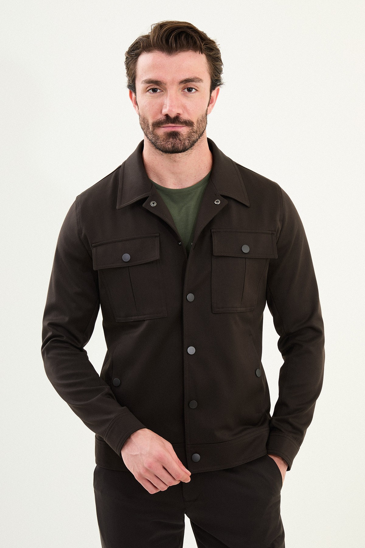 Düz Slim Fit Gömlek Yaka Erkek Mont - Kahverengi