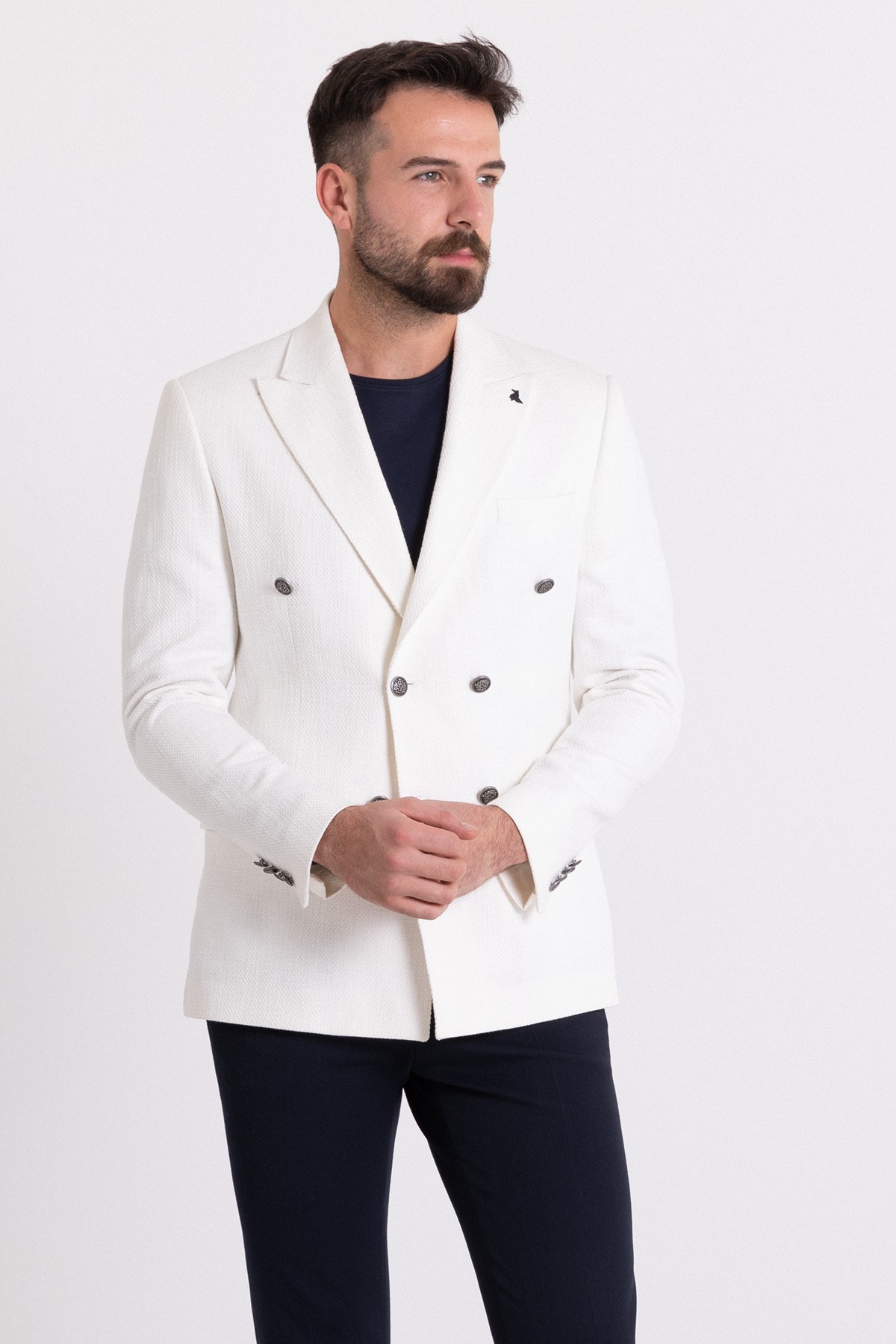 Desenli Slim Fit Metal Dugmeli Kruvaze Erkek Ceket