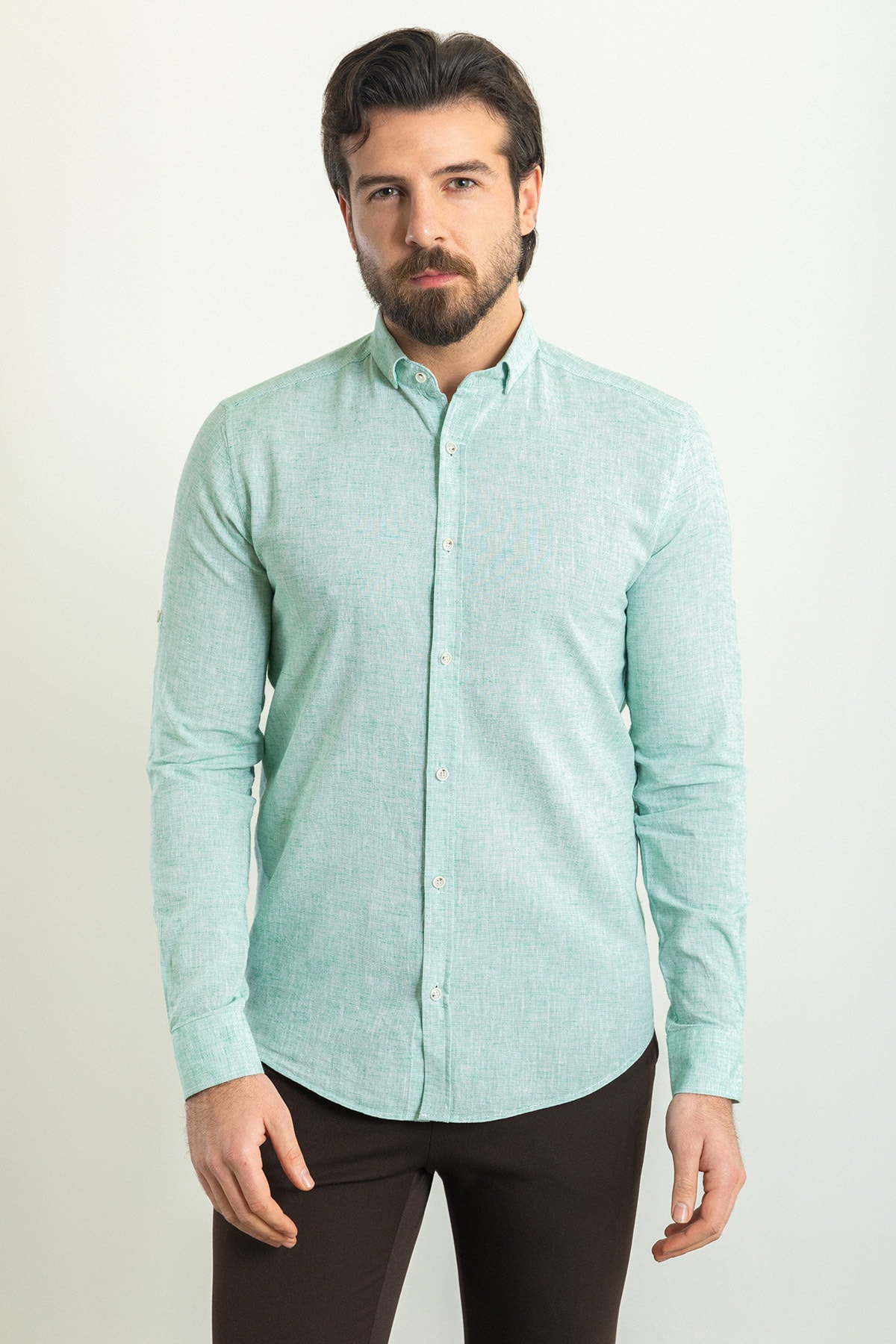 Desenli Slim Fit Uzun Kollu Keten Erkek Gömlek - Mint Yeşili