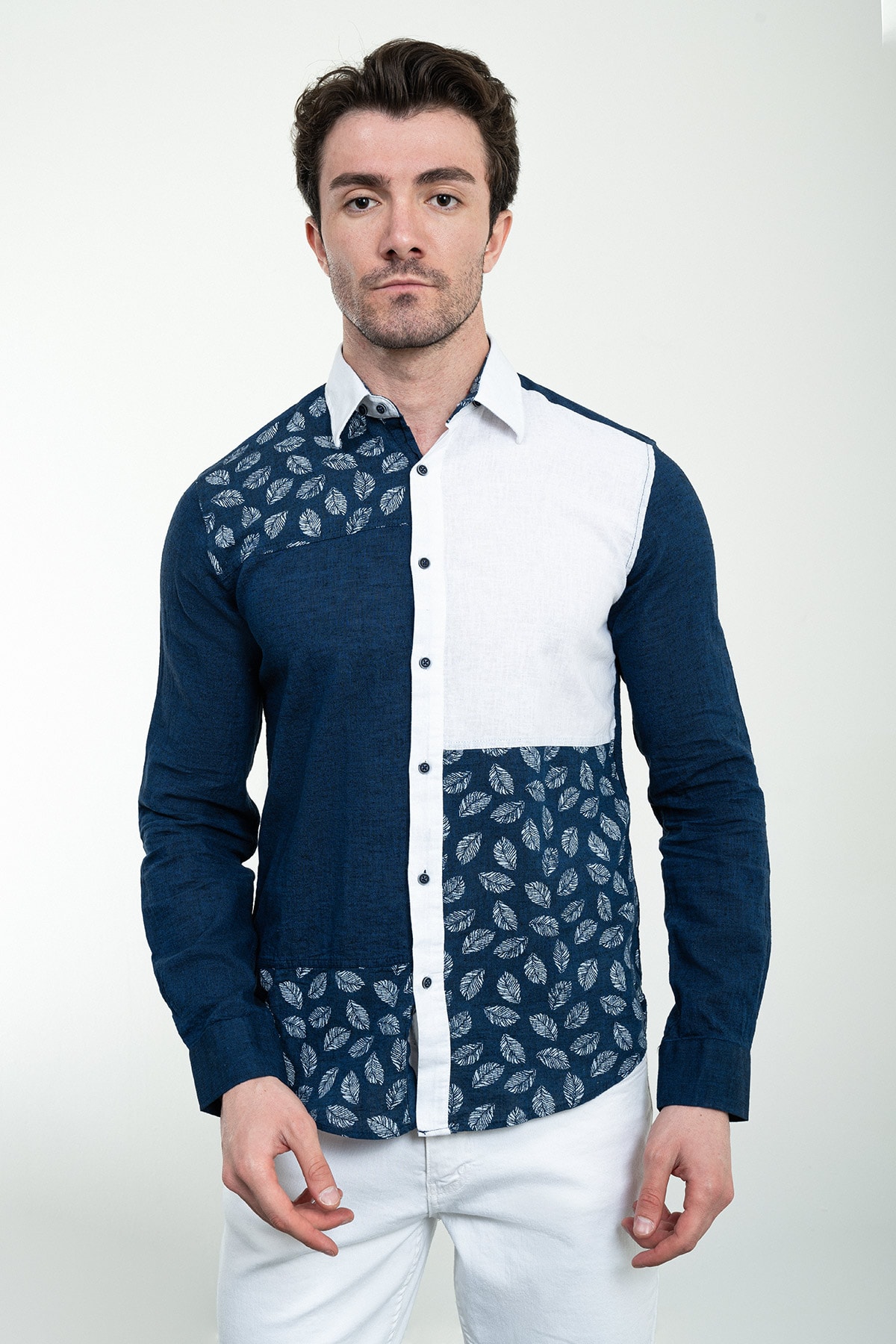 Çiçek Desenli Slim Fit Uzun Kollu Keten Erkek Gömlek - Lacivert