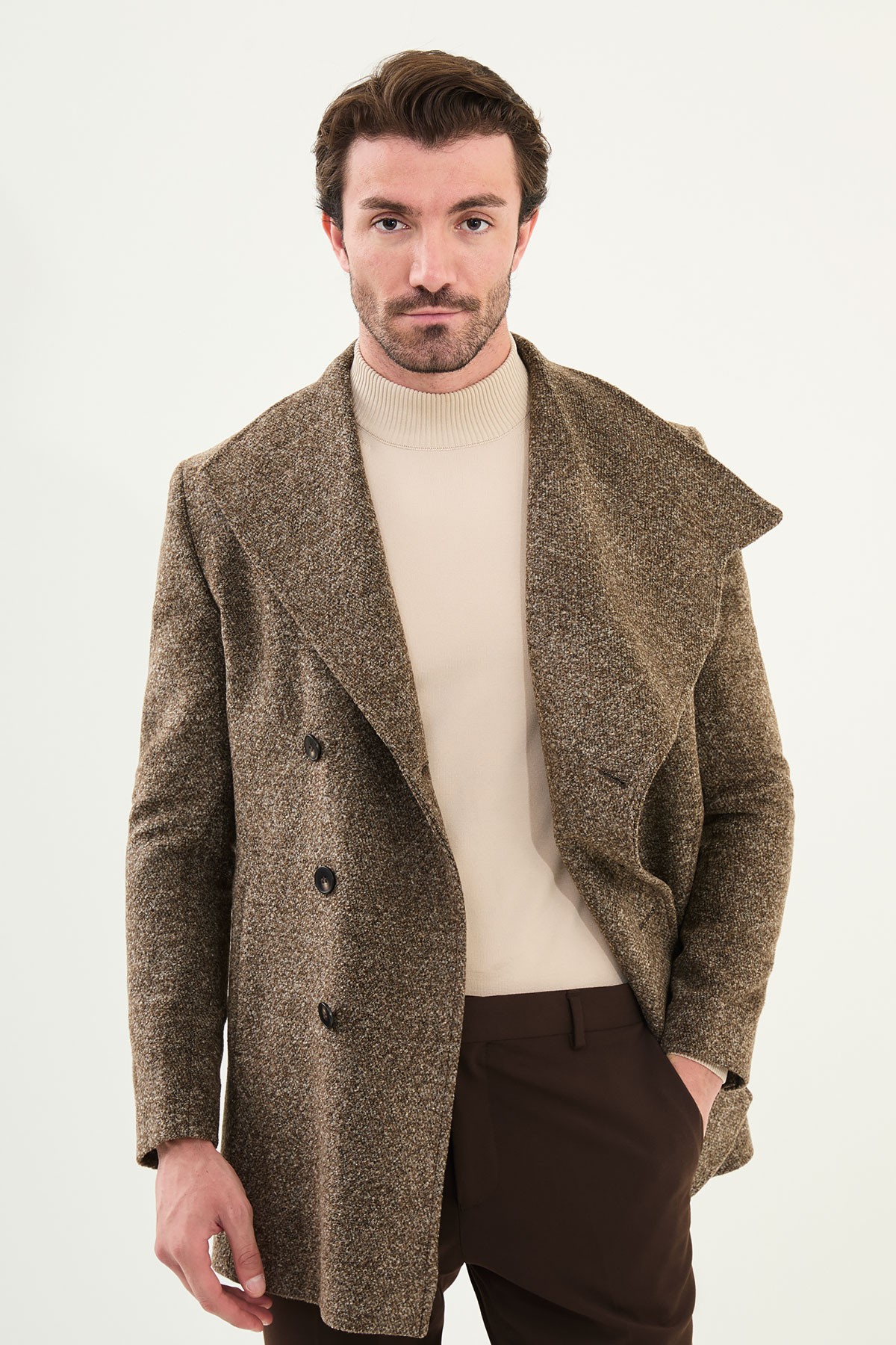 Kırçıllı Slim Fit Geniş Şal Yaka Çapraz Düğmeli Yün Erkek Kaban