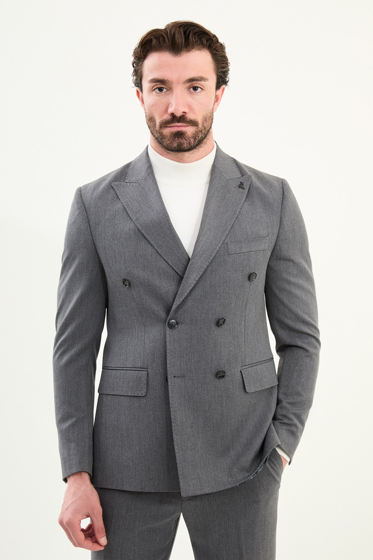 Düz Slim Fit Geniş Yaka Punto Dikiş Kruvaze Erkek Takım Elbise - Antrasit