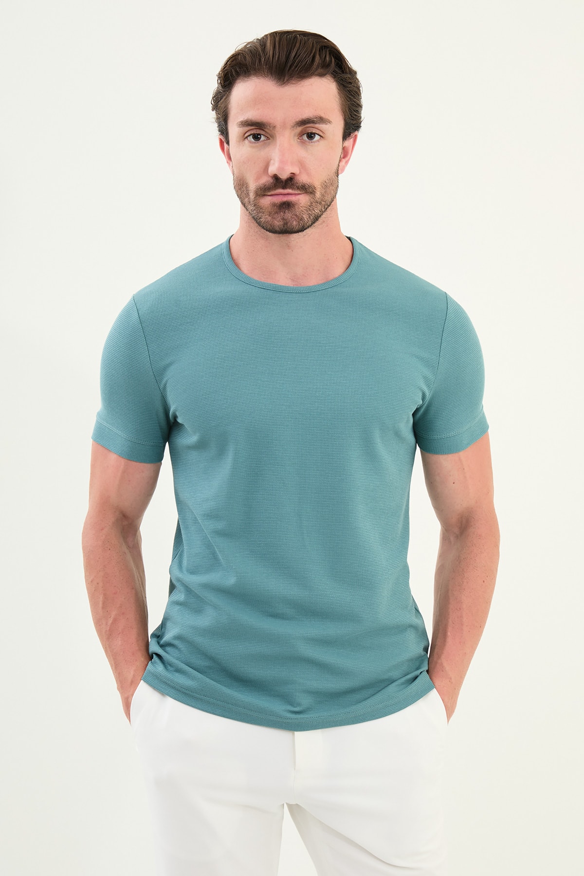 Desenli Slim Fit Kısa Kollu Pamuk Erkek T-Shirt - Açık Yeşil