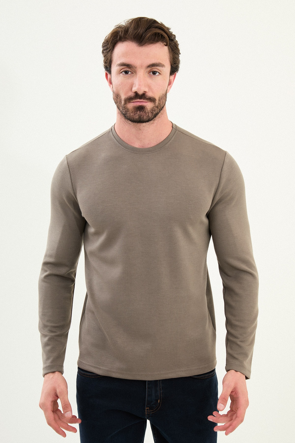 Desenli Slim Fit Bisiklet Yaka Uzun Kollu Erkek T-Shirt - Gri