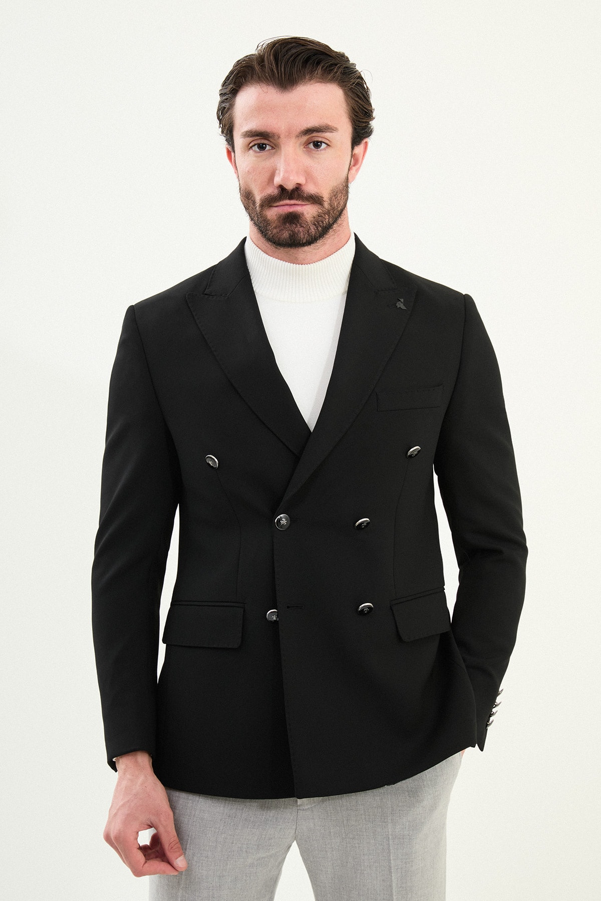 Düz Slim Fit Geniş Yaka Kruvaze Metal Düğmeli Erkek Ceket - Siyah