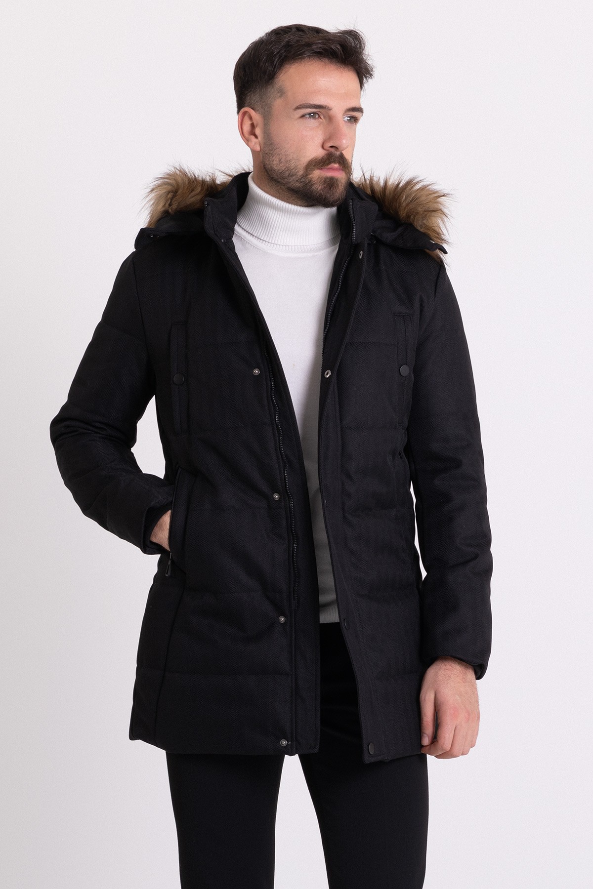 Desenli Slim Fit Kürklü Kapüşonlu Erkek Kaban
