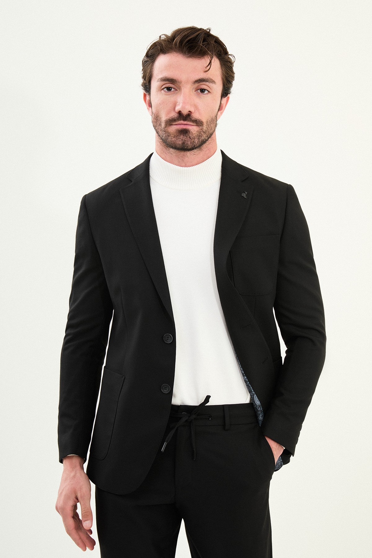 Düz Slim Fit Torba Cep Beli Lastikli İpli Yün Erkek Takım Elbise - Siyah