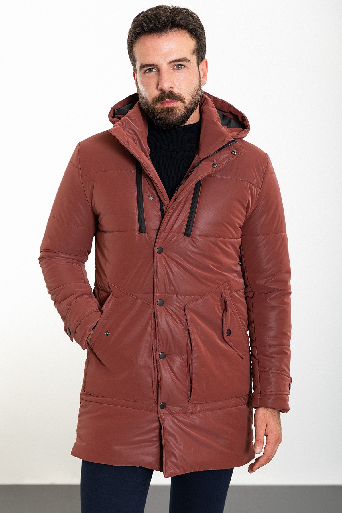 Düz Slim Fit Fermuar Detaylı Kapüşonlu Erkek Kaban
