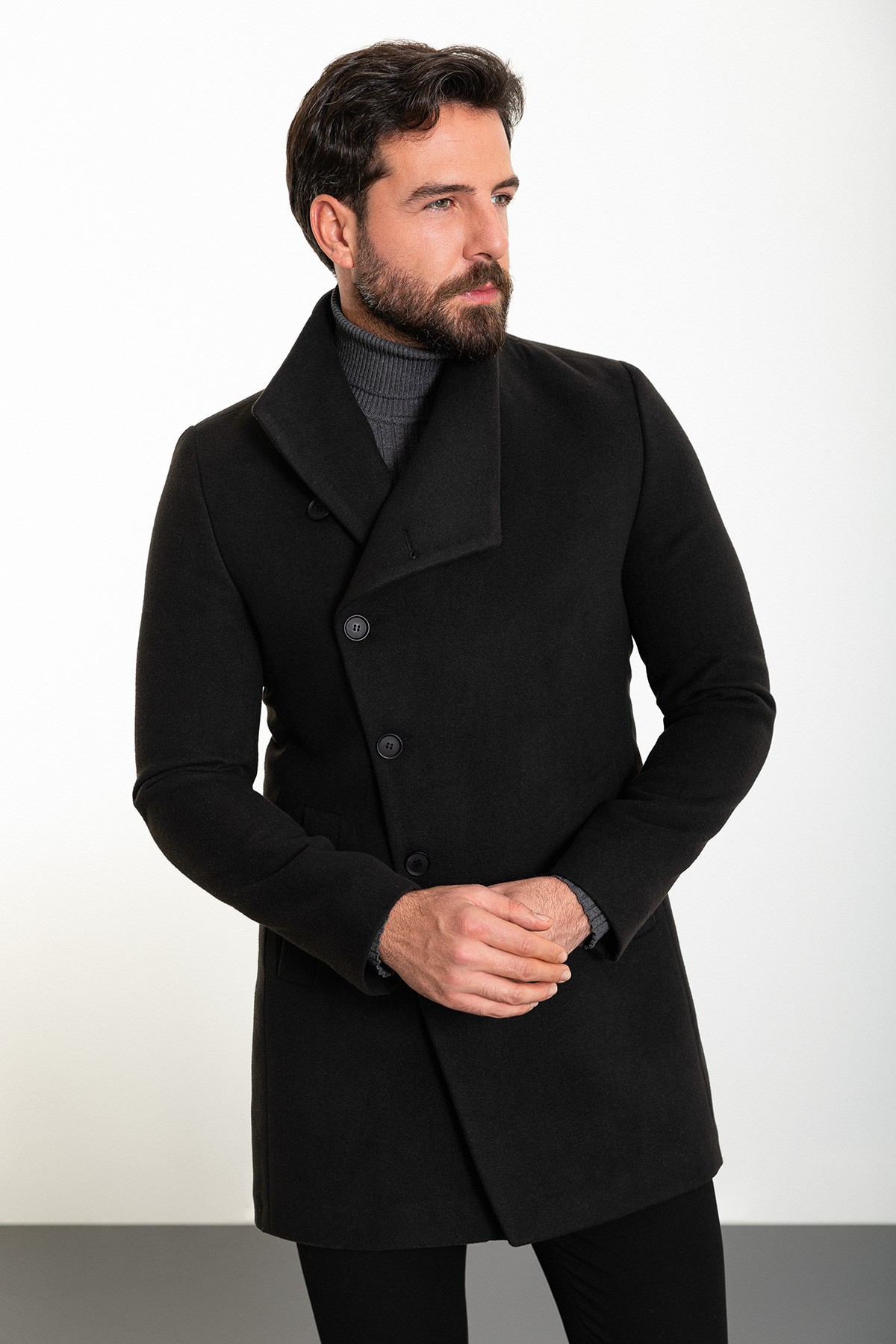 Düz Slim Fit Şal Yaka Kaşe Erkek Kaban