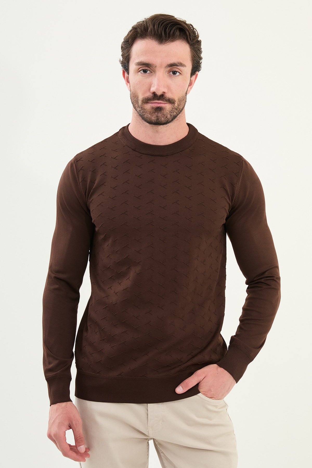 Desenli Slim Fit Bisiklet Yaka Erkek Triko Kazak - Kahverengi