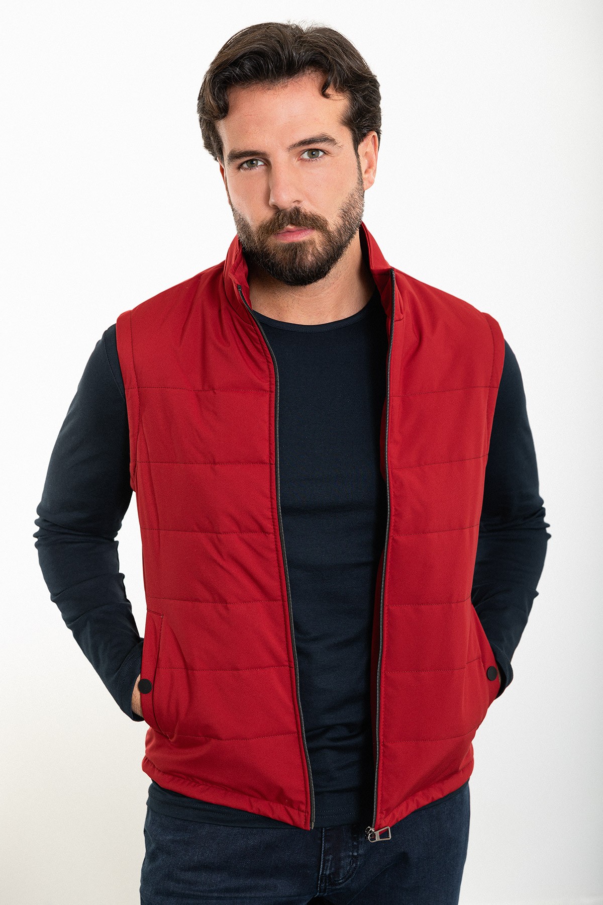 Düz Slim Fit Hakim Yaka Erkek Şişme Yelek - Bordo