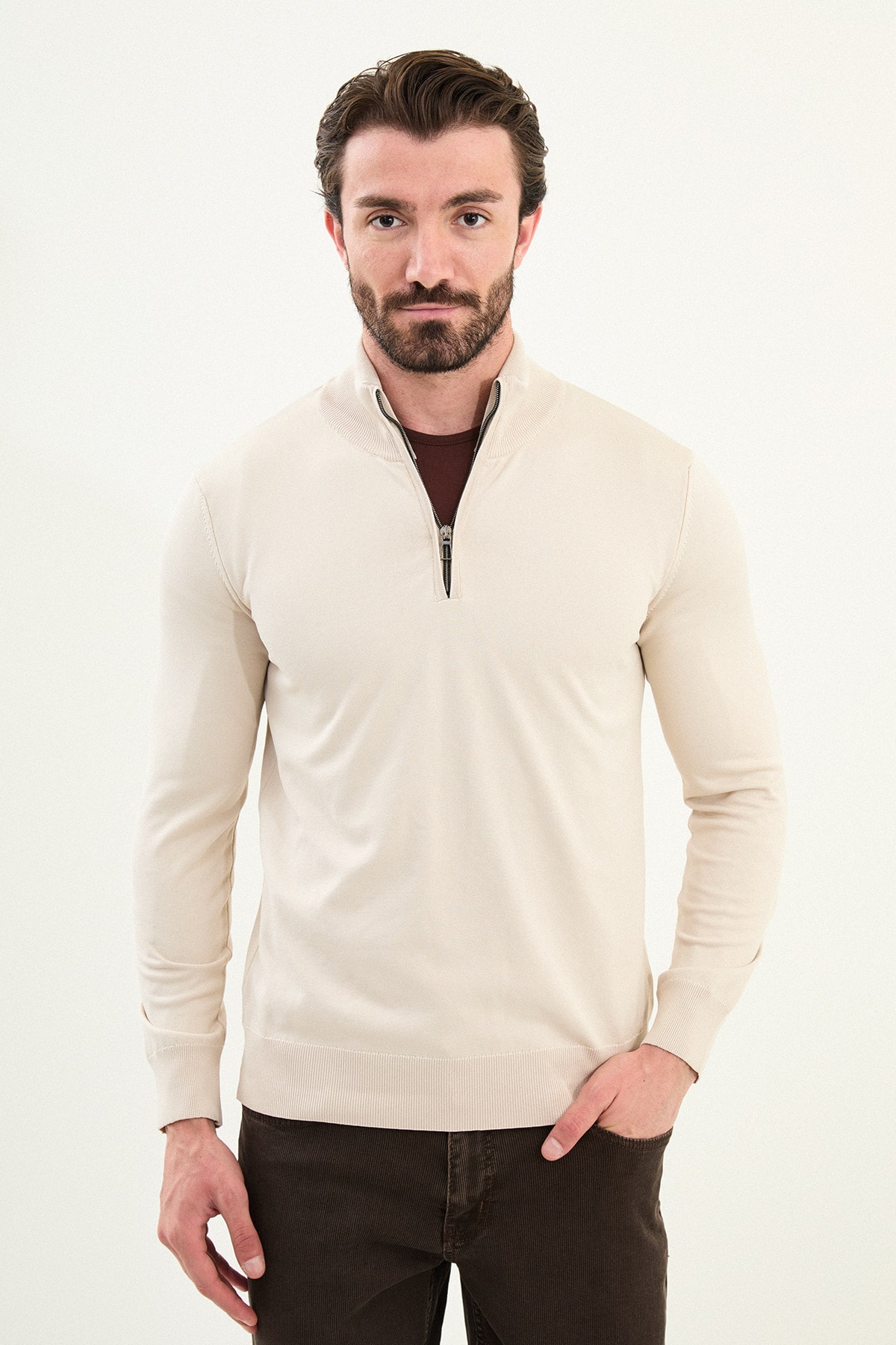 Düz Slim Fit Fermuarlı Yarım Balıkçı Erkek Triko Kazak - Bej