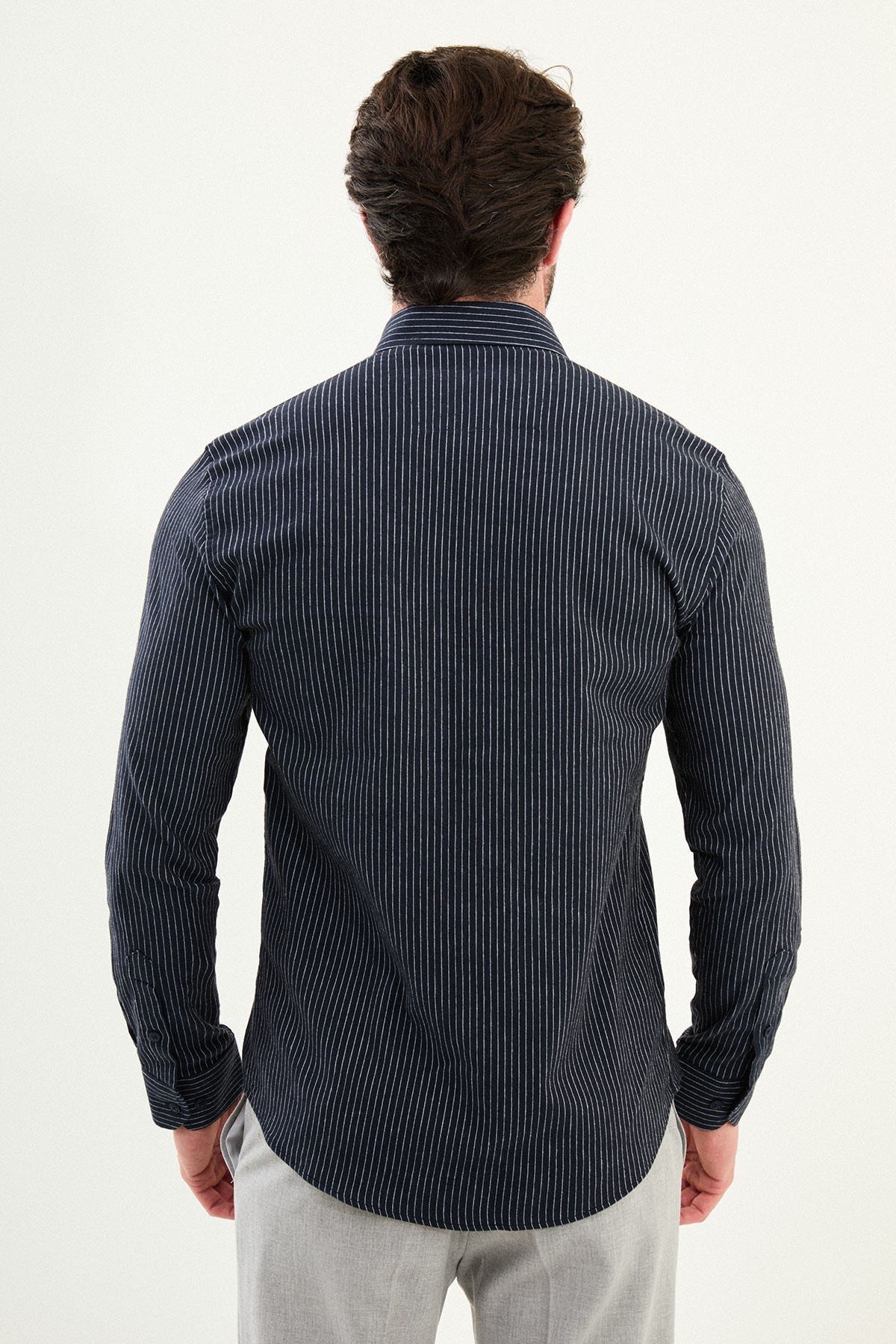 Çizgili Slim Fit Uzun Kollu Yün Erkek Gömlek