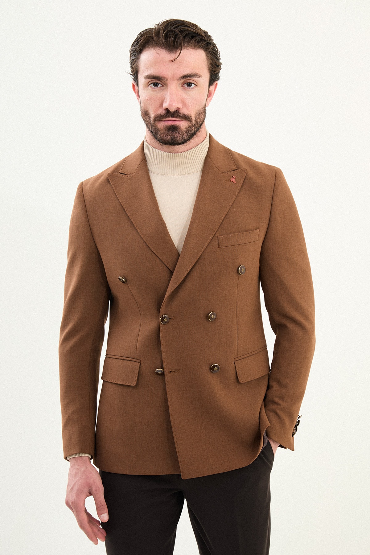 Düz Slim Fit Geniş Yaka Kruvaze Metal Düğmeli Erkek Ceket - Kamel