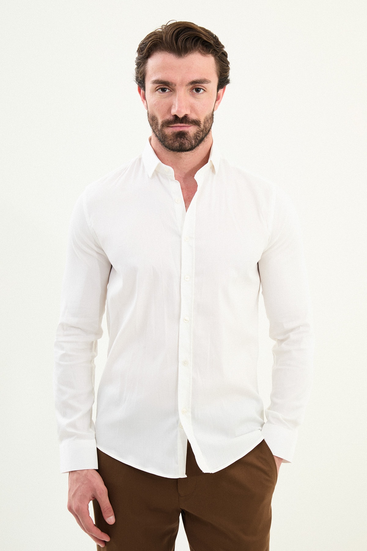 Desenli Slim Fit Uzun Kollu Erkek Gömlek - Ekru
