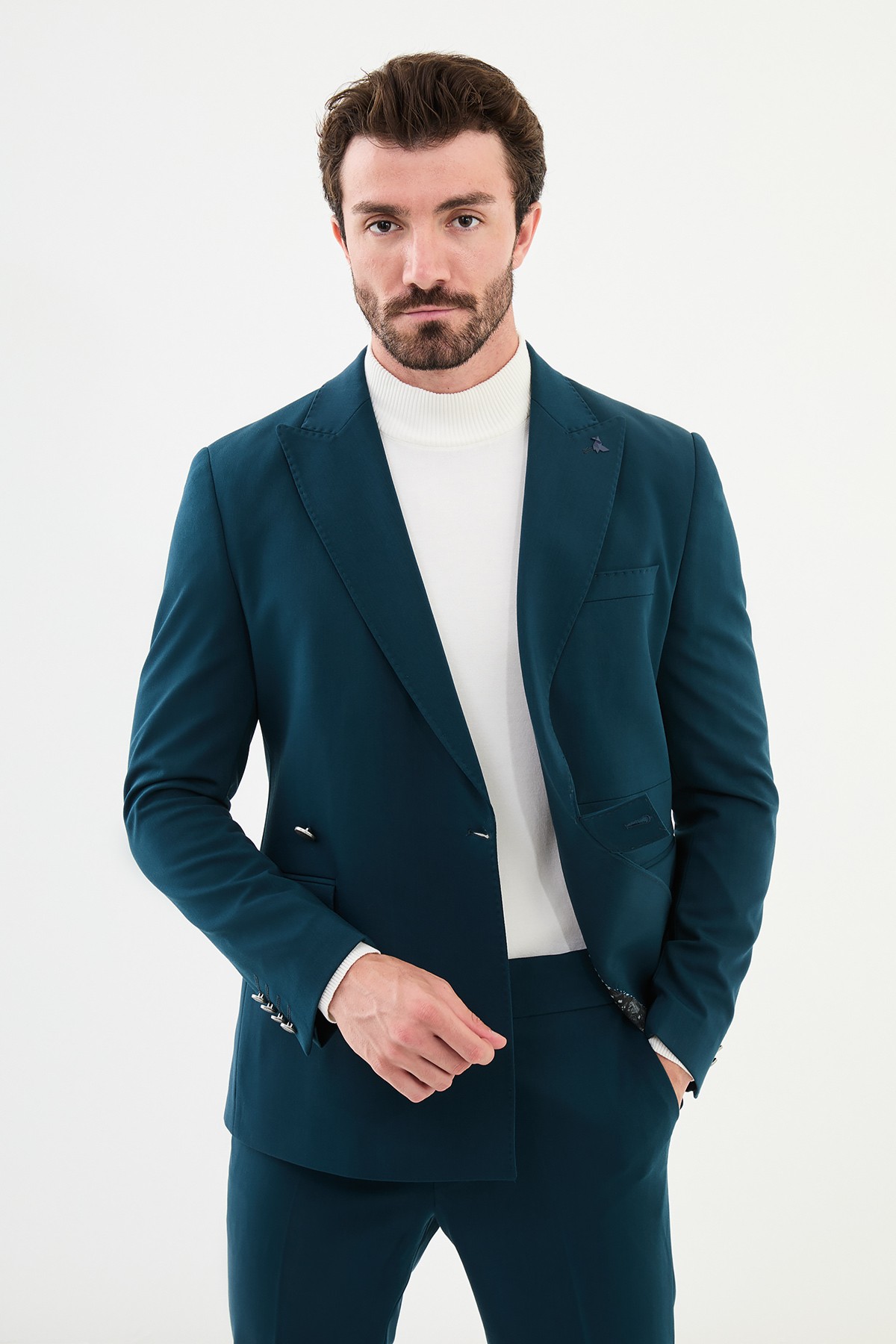 Düz Slim Fit Kemer Detaylı Geniş Yaka Kruvaze Erkek Takım Elbise
