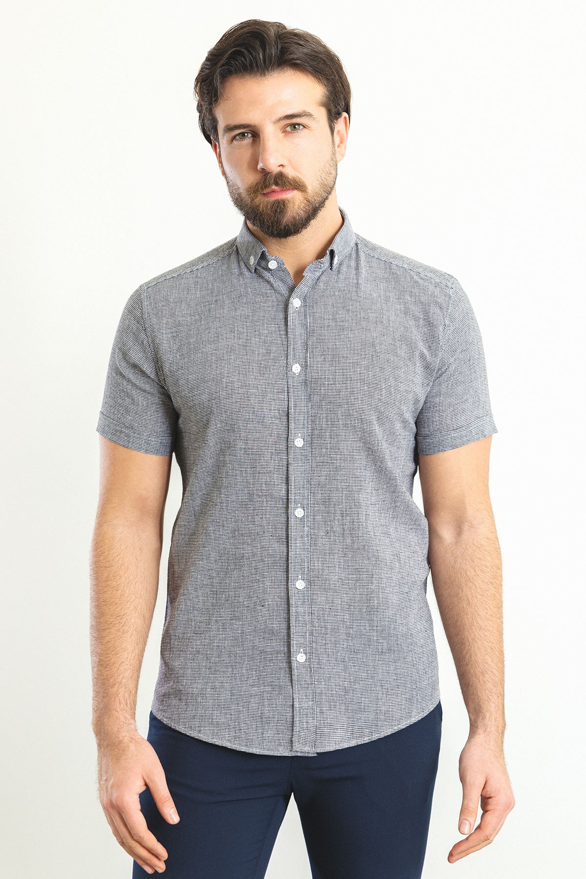 Kareli Slim Fit Kısa Kollu Keten Erkek Gömlek