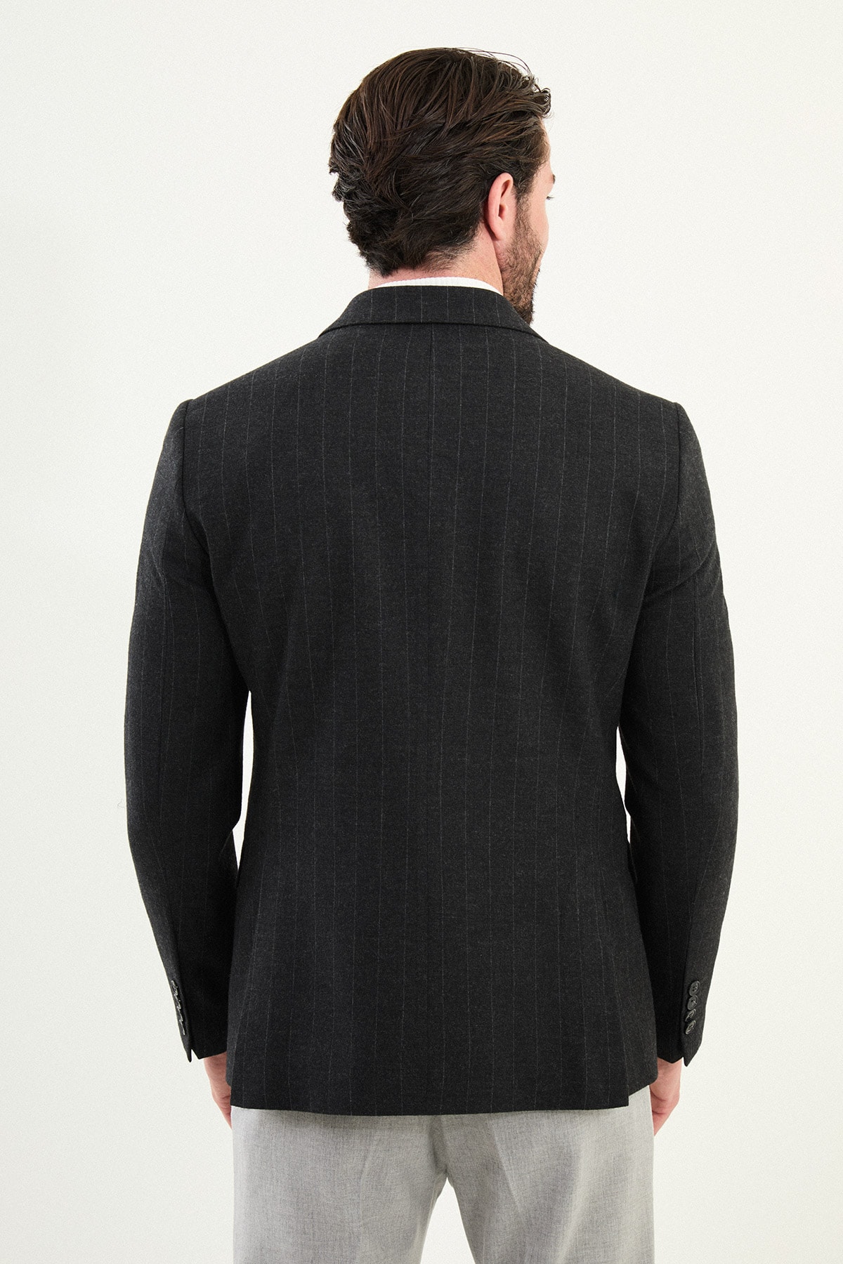 Çizgili Slim Fit Geniş Yaka Kruvaze Yün Erkek Ceket
