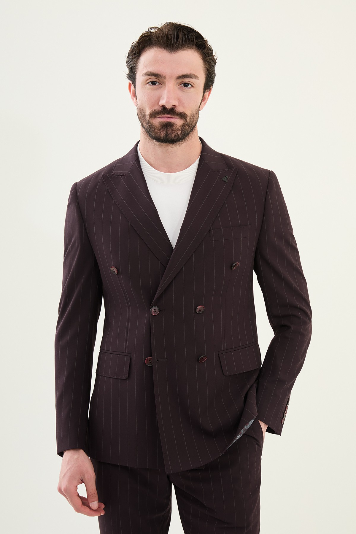 Çizgili Slim Fit Geniş Yaka Kruvaze Erkek Takım Elbise - Bordo
