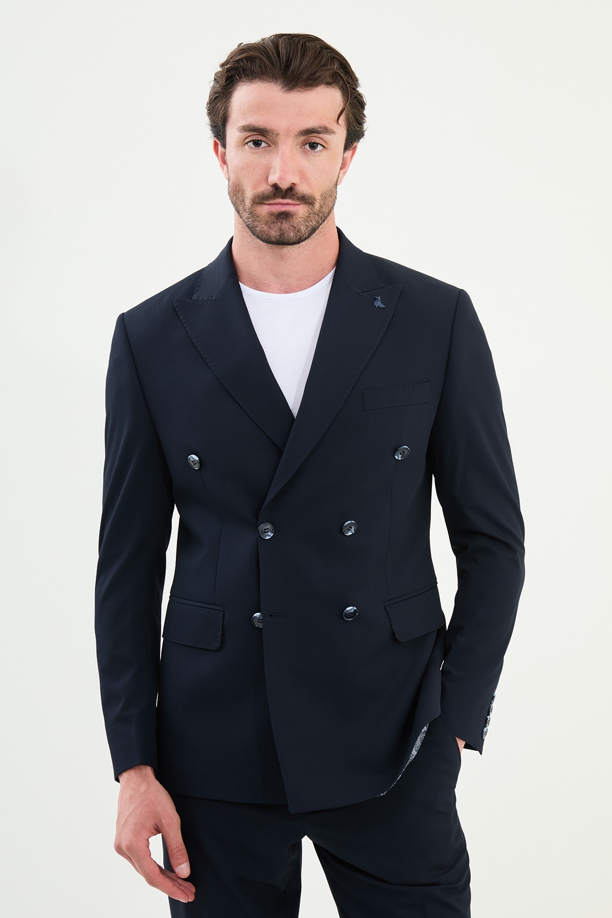Düz Slim Fit Geniş Yaka Kruvaze Erkek Takım Elbise - Lacivert